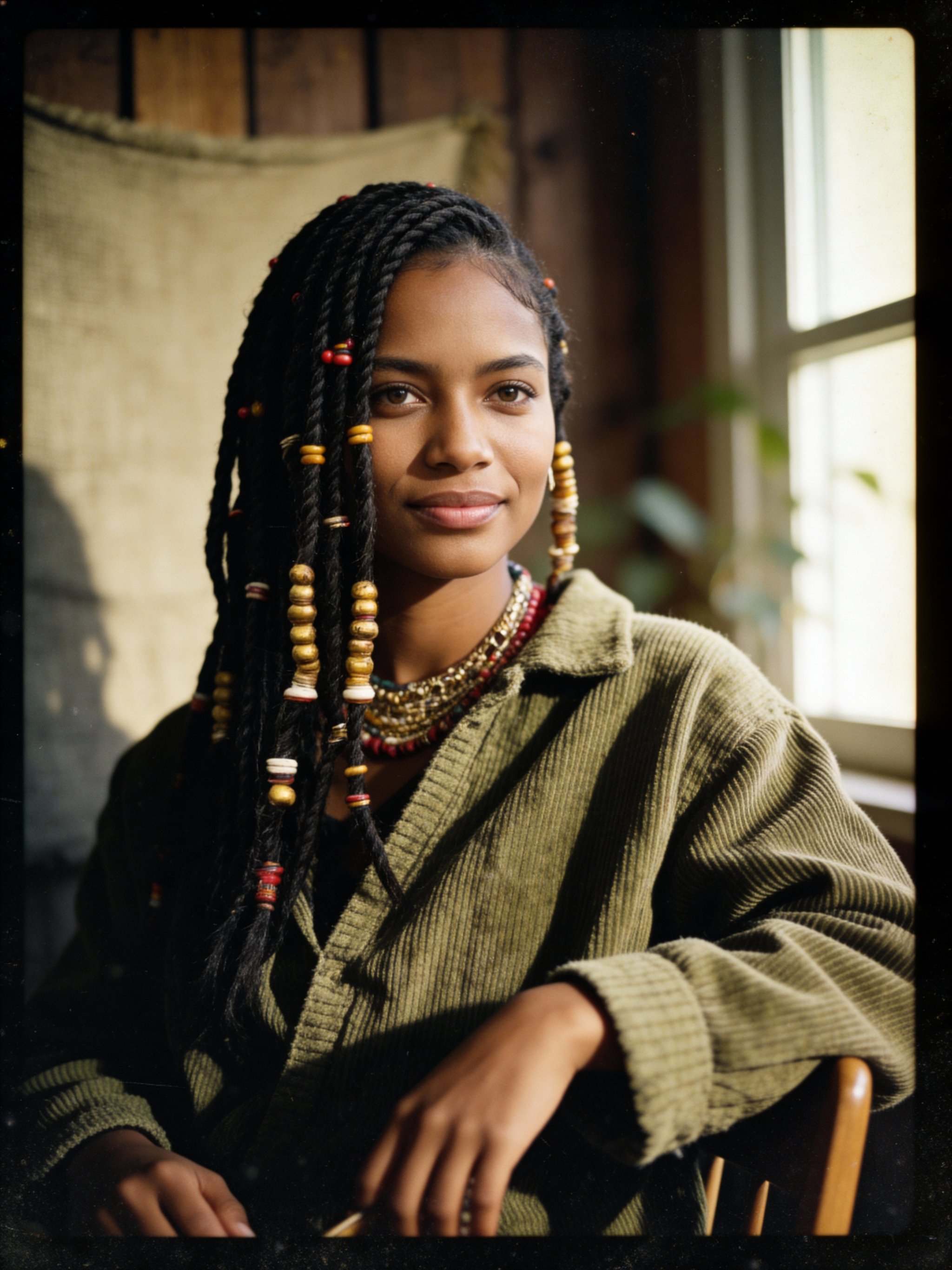 Earthy editorial portrait with muted olive tones