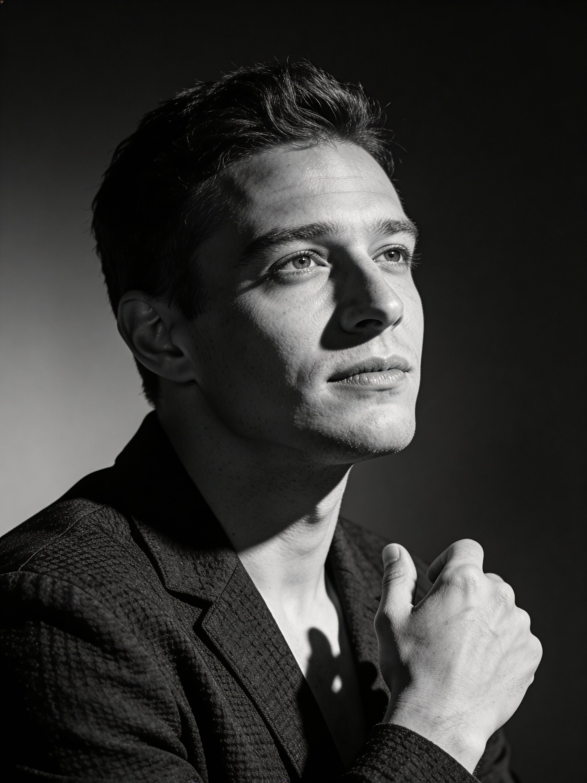 Editorial black and white headshot with dramatic lighting