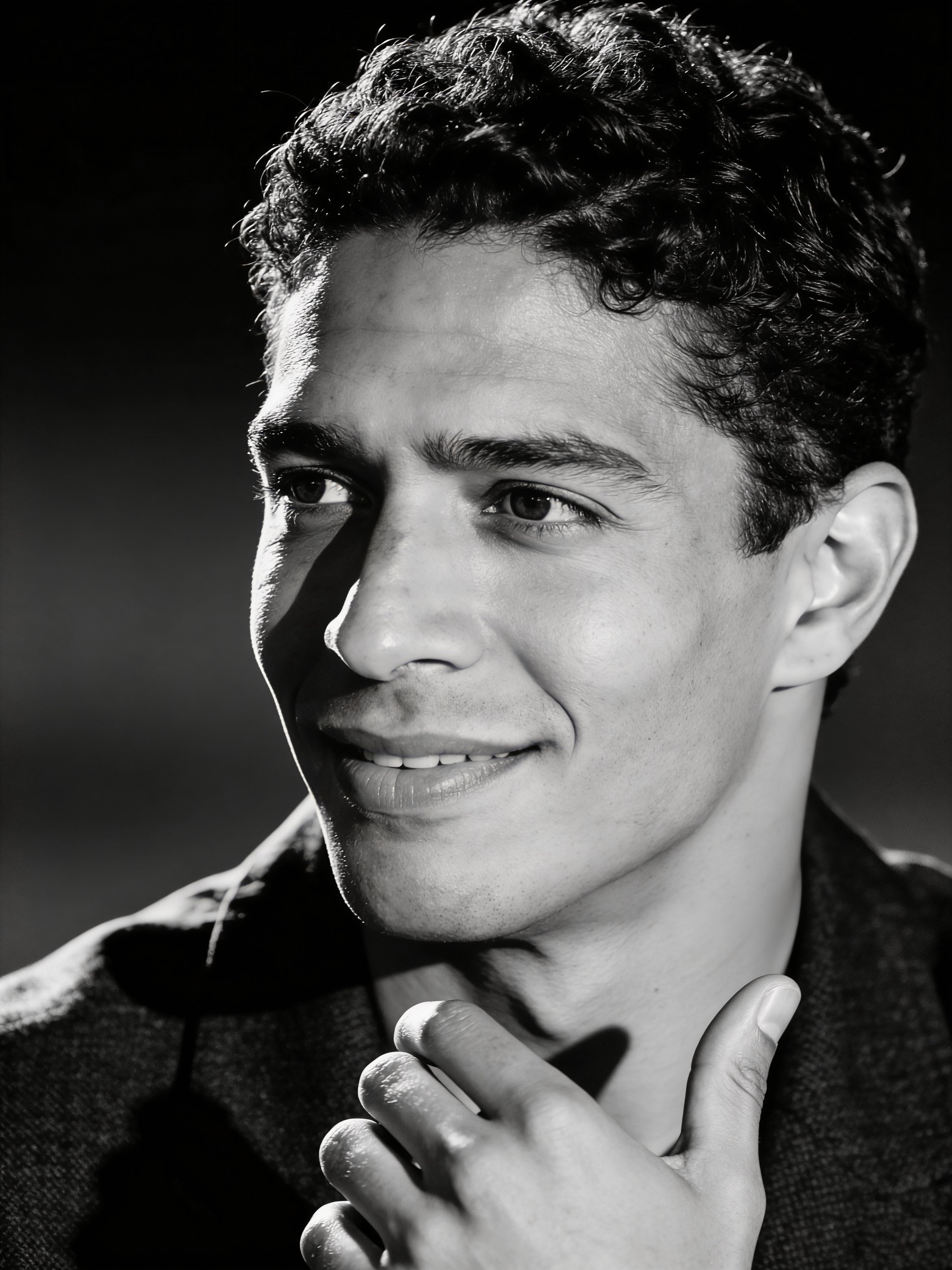 Cinematic monochrome headshot with deep shadows