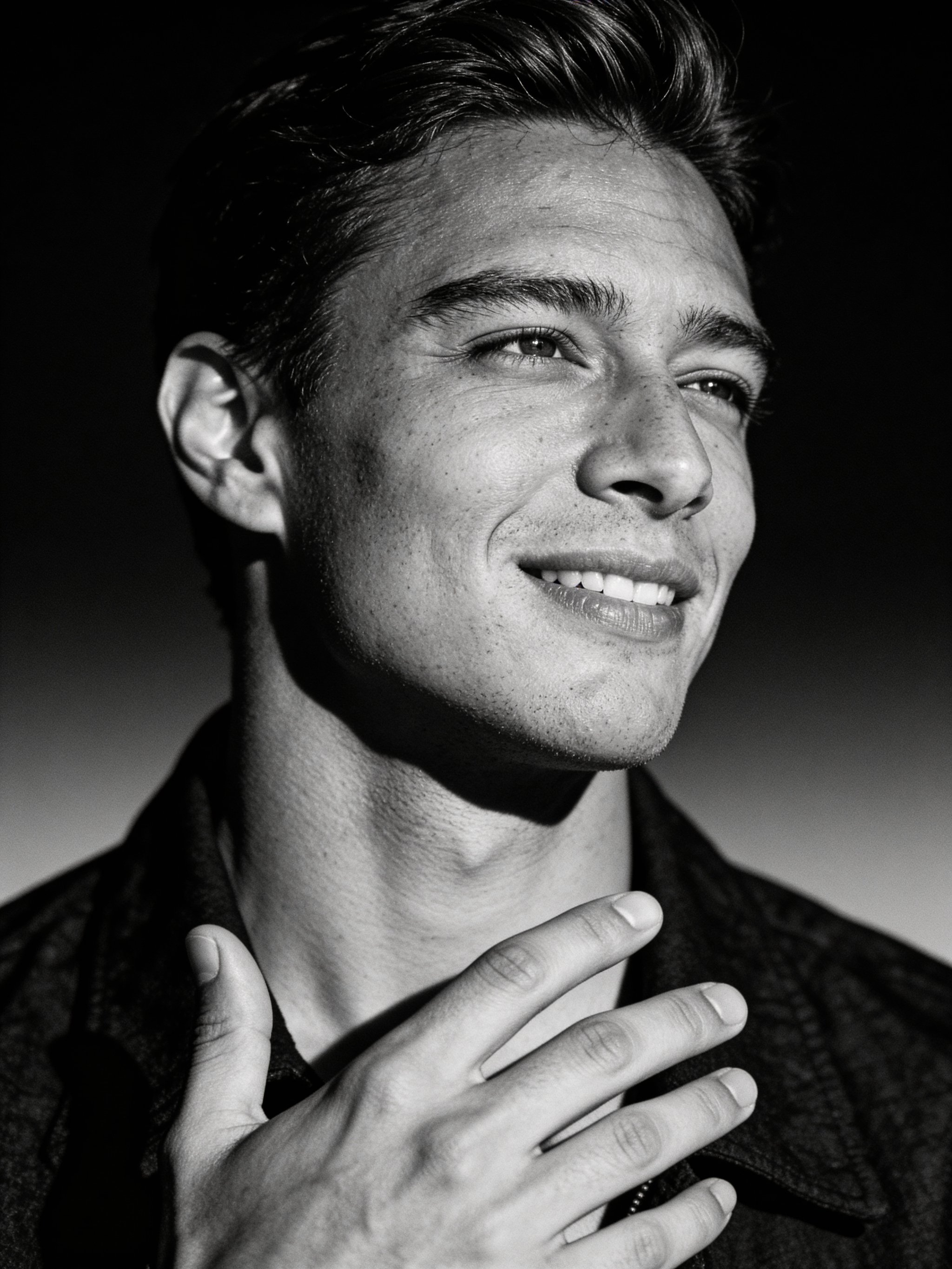 High-contrast headshot with textured grayscale tones