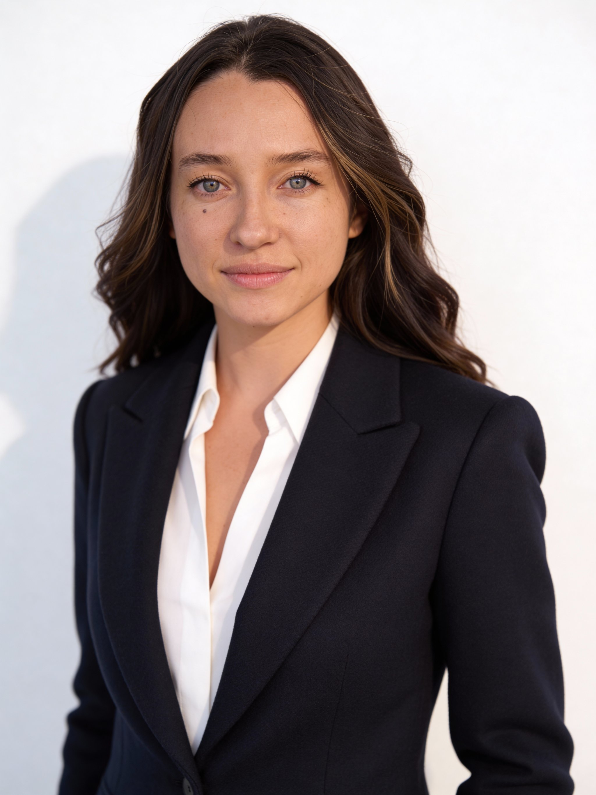 High-fashion studio headshot with clean white backdrop