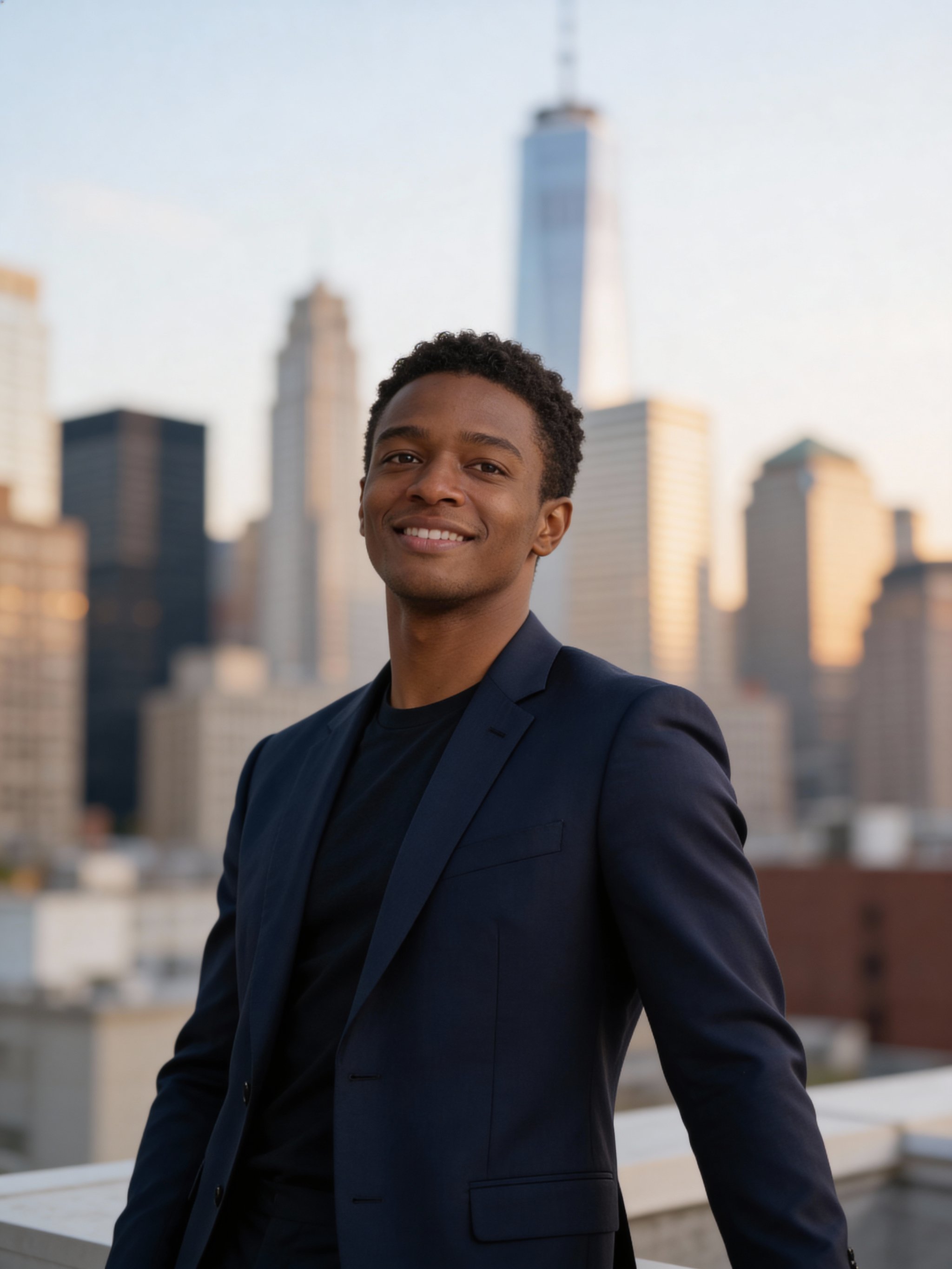 Luxury real estate headshot with blurred city skyline