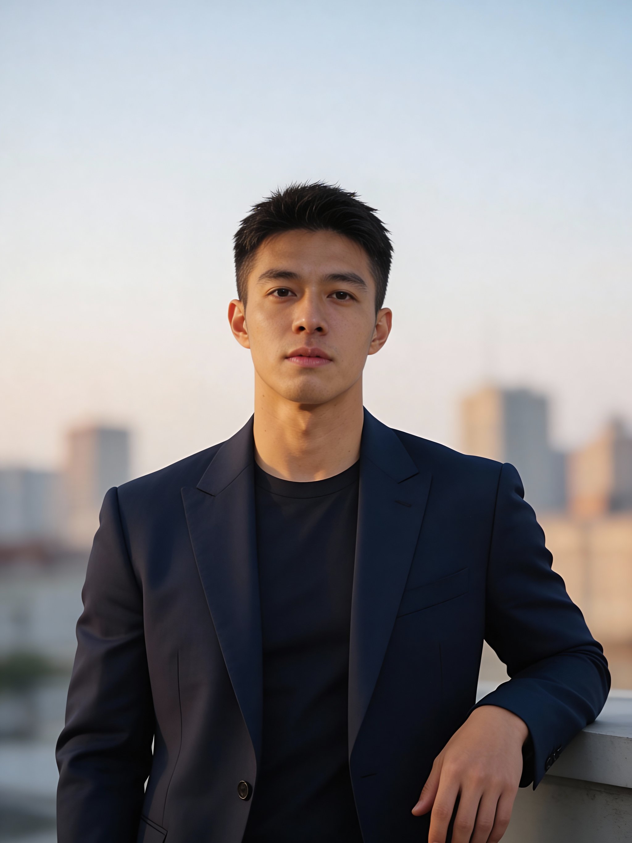 Editorial headshot with tailored navy suit styling