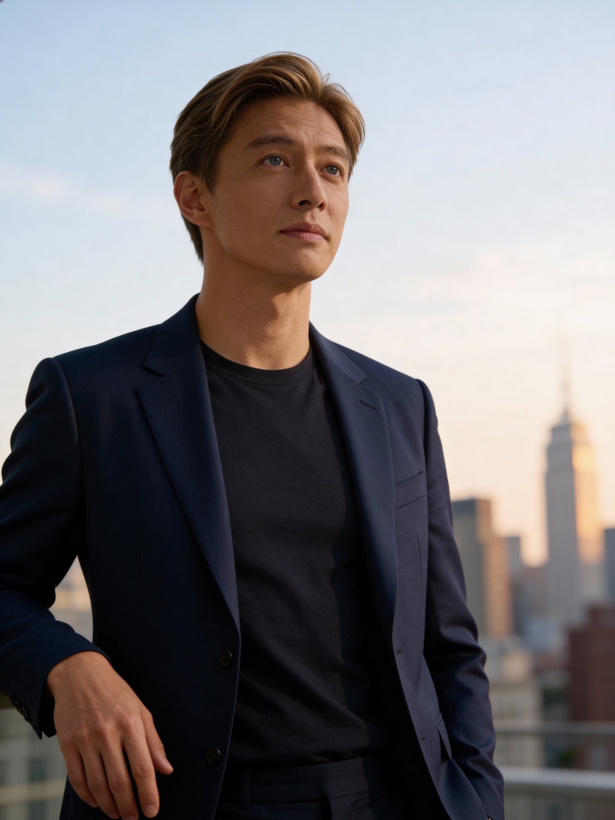 High-end real estate portrait with soft city bokeh