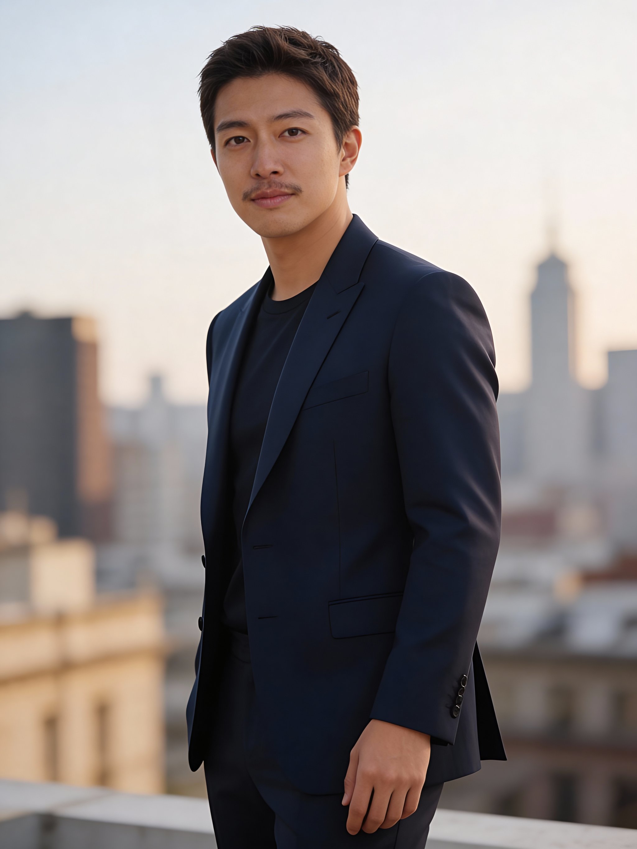 Urban skyline portrait with refined editorial lighting