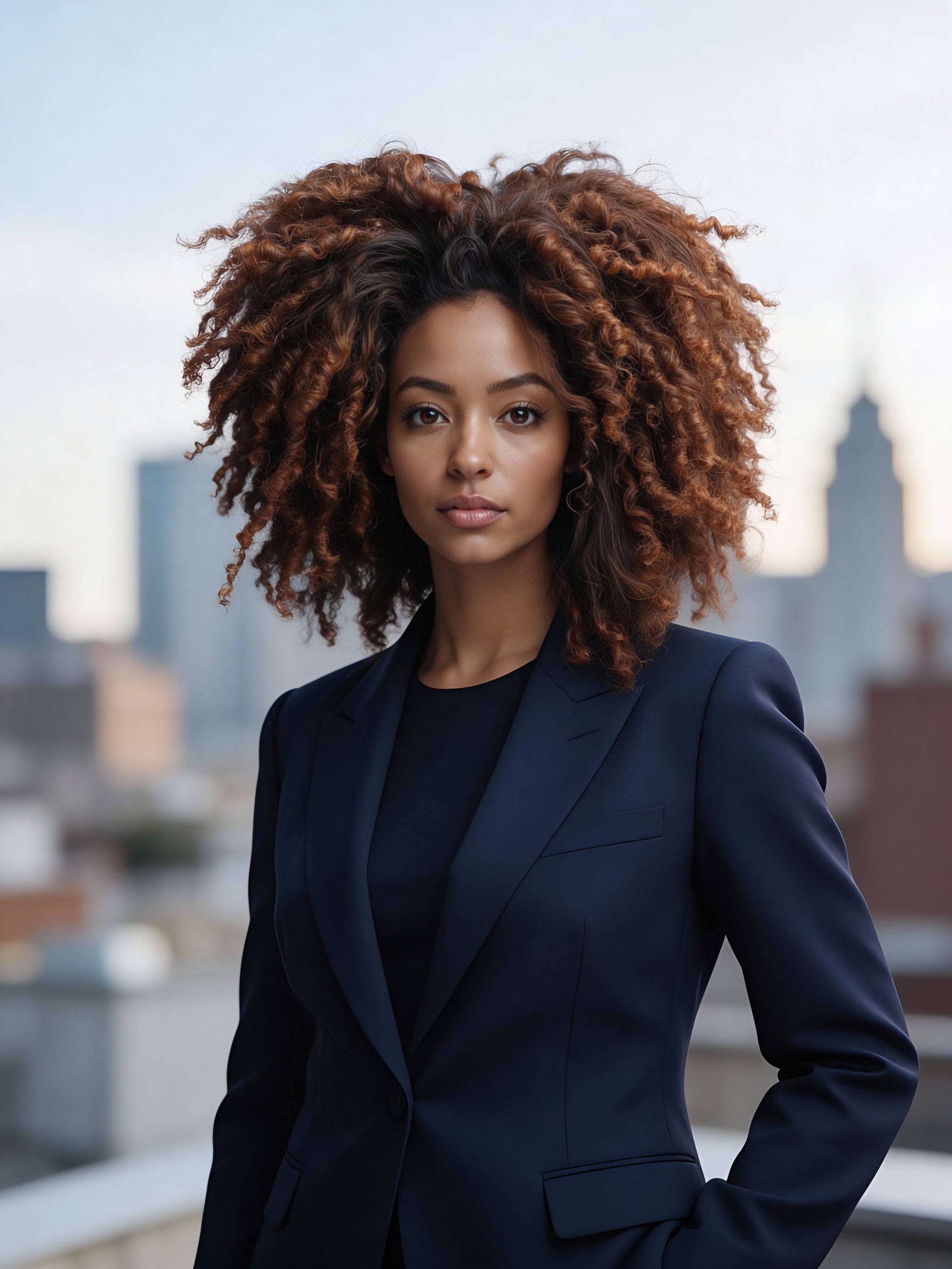 Luxury real estate portrait with blurred skyline backdrop