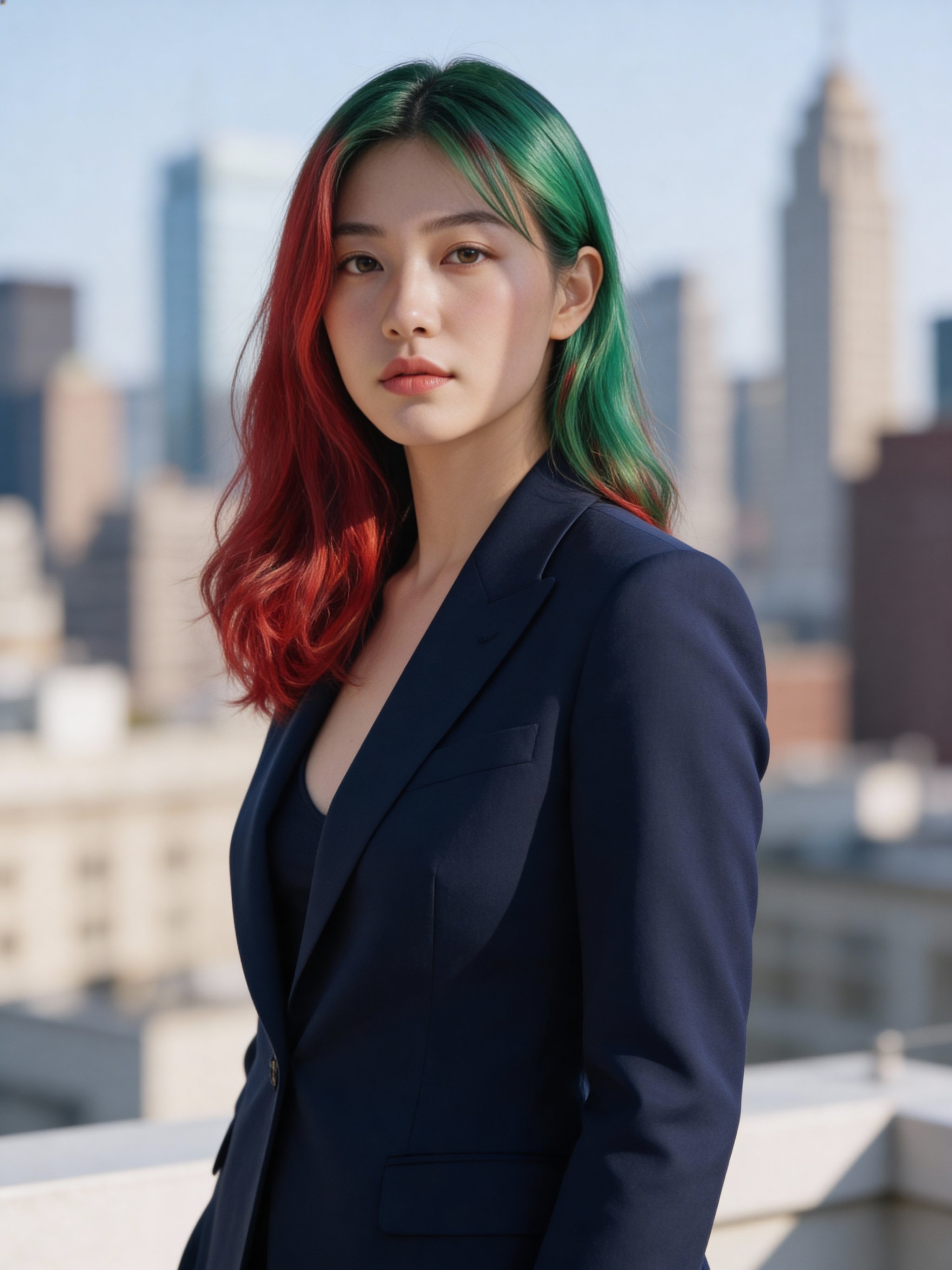 Editorial headshot with tailored navy blazer styling