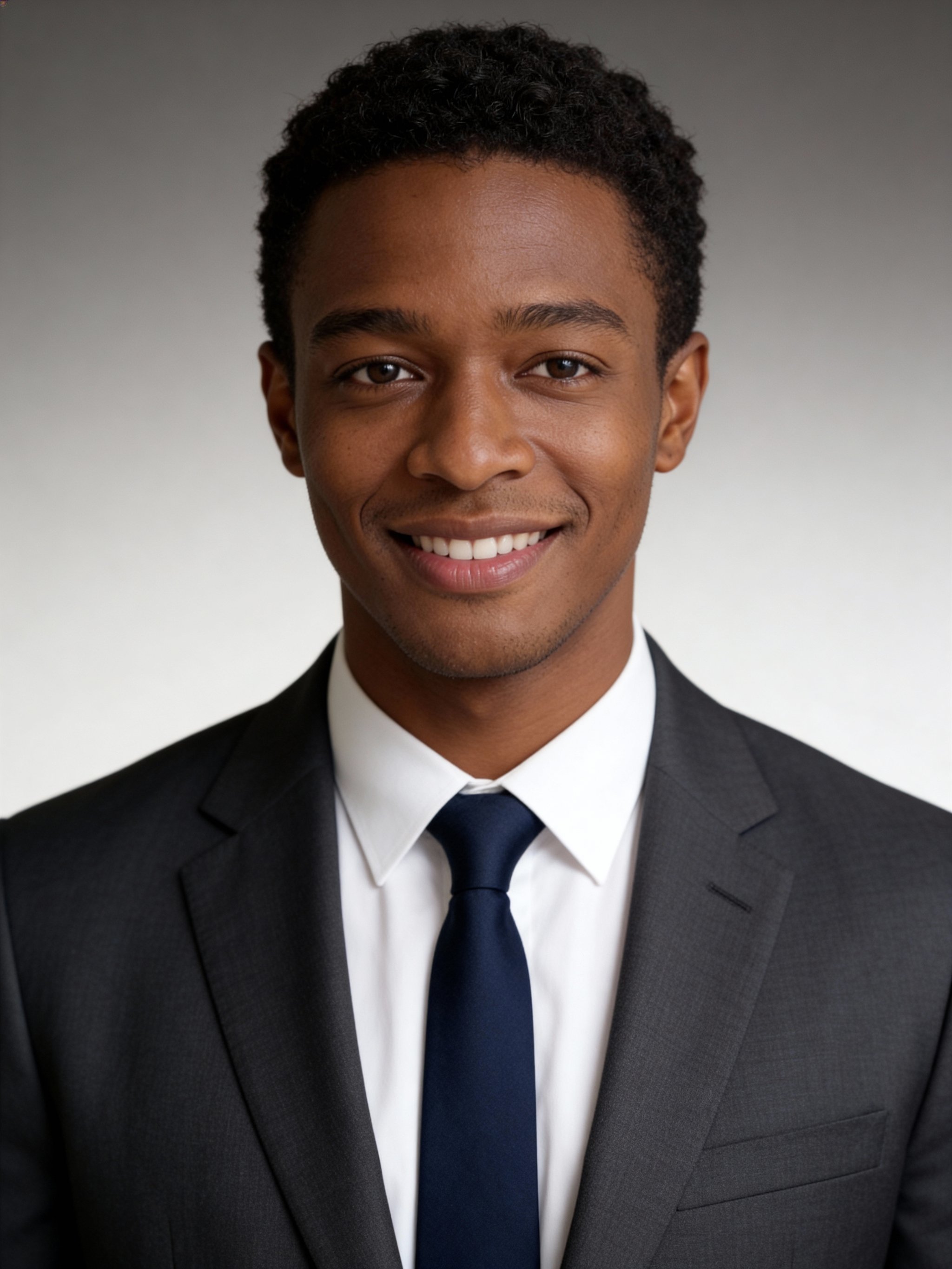 Studio headshot with neutral tones and sharp focus