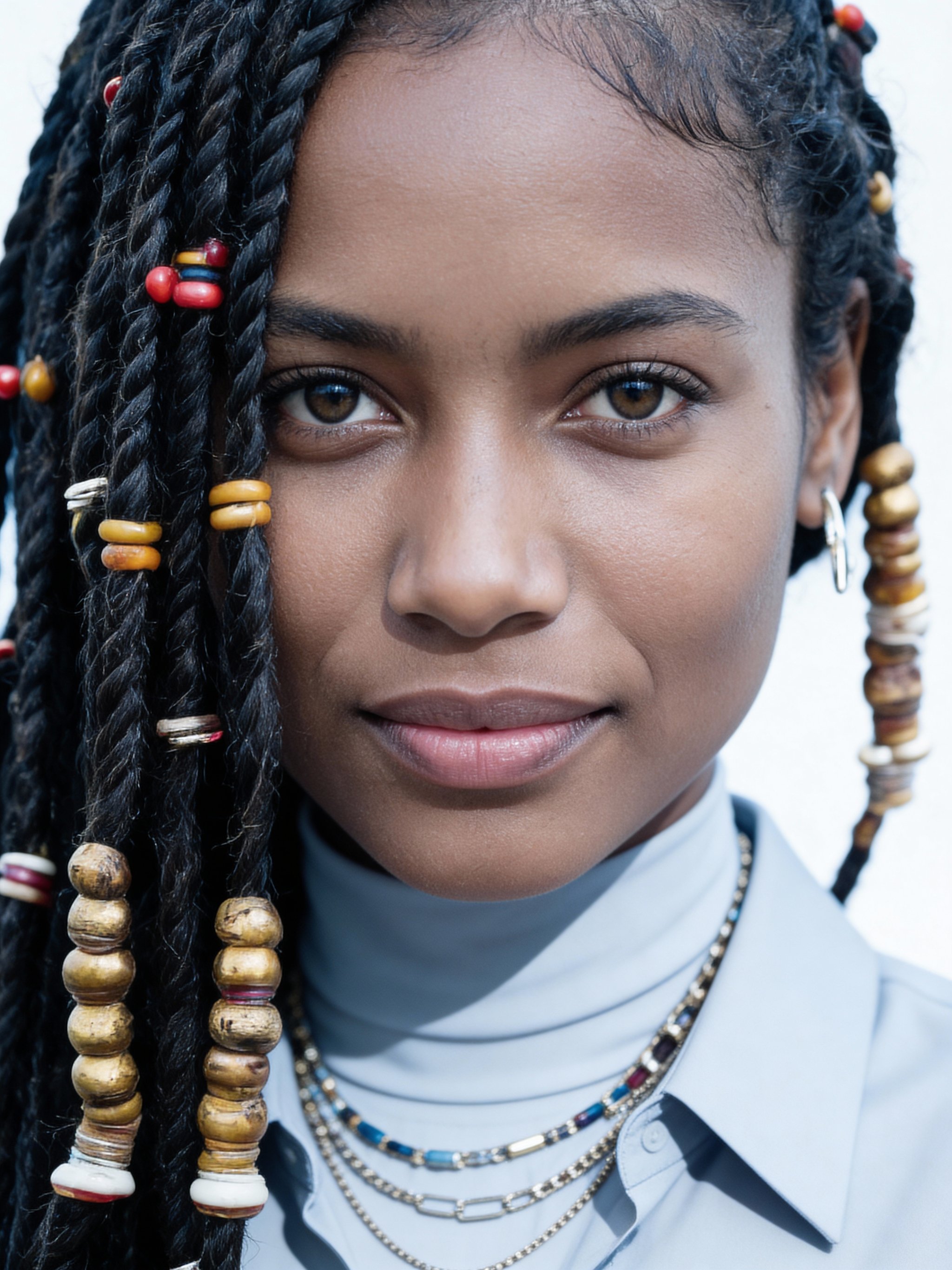 High-key portrait with sharp eye focus and minimal styling