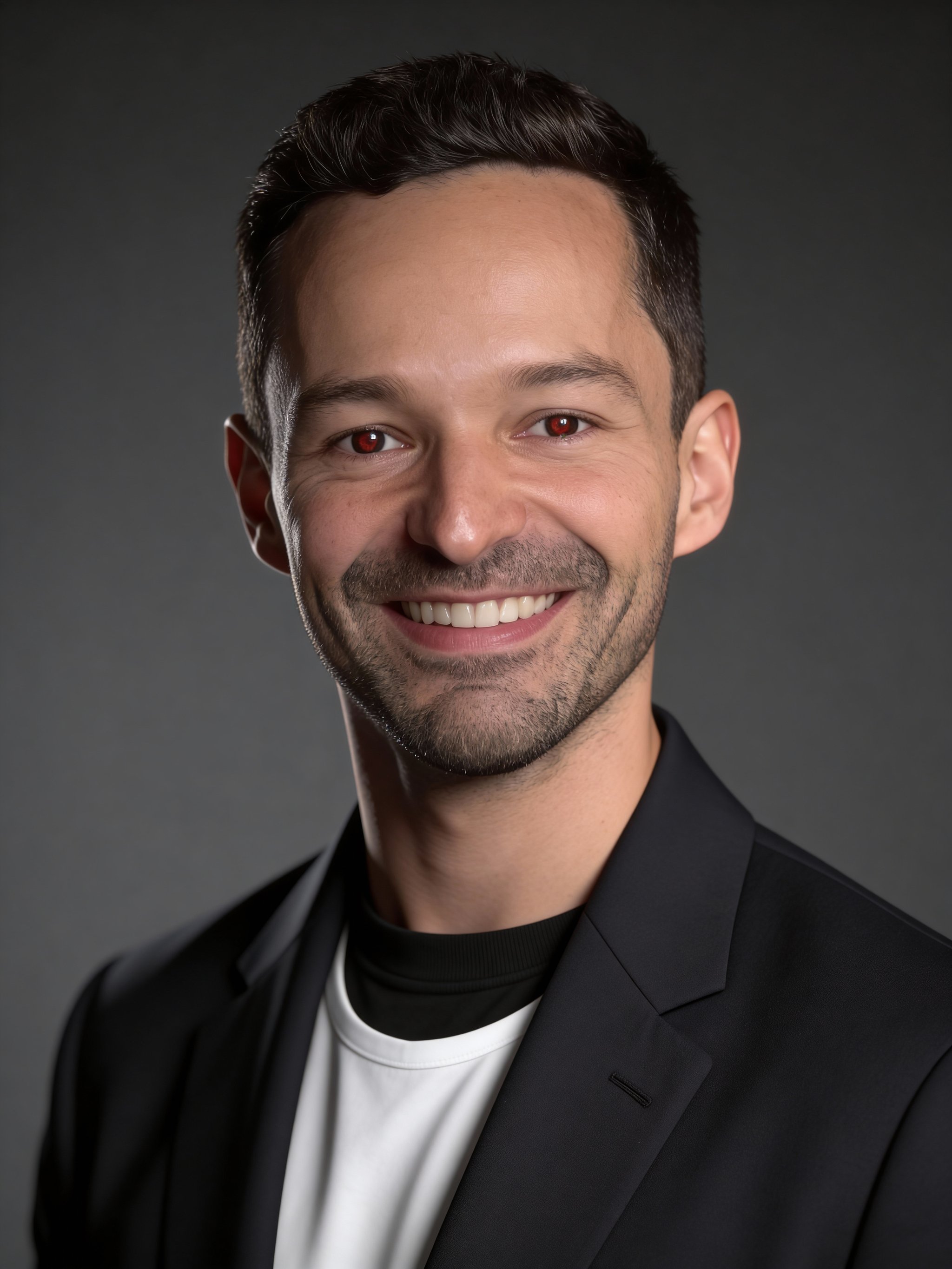 Classic studio headshot with clean charcoal background