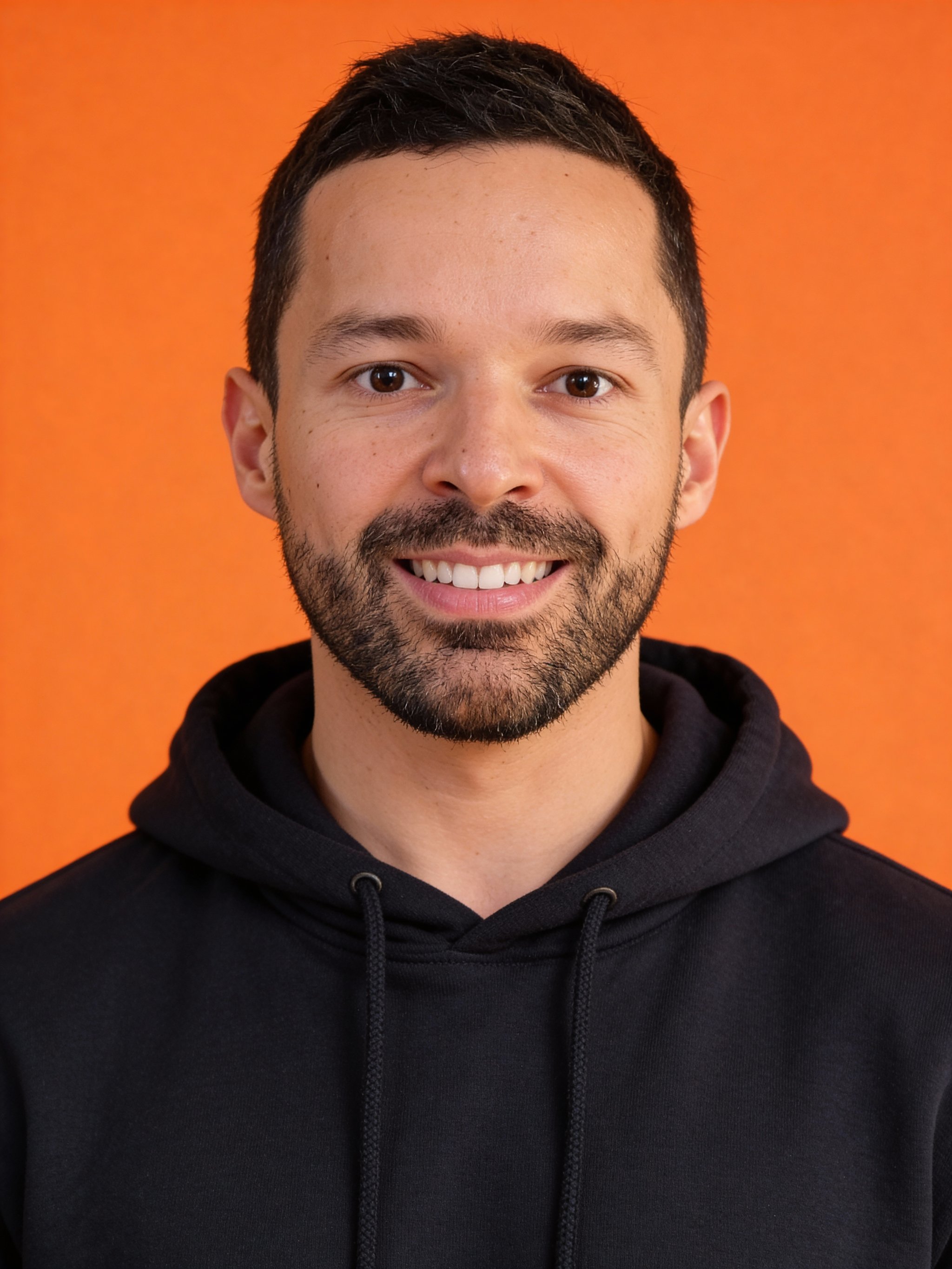 Orange background headshot with sharp eye focus