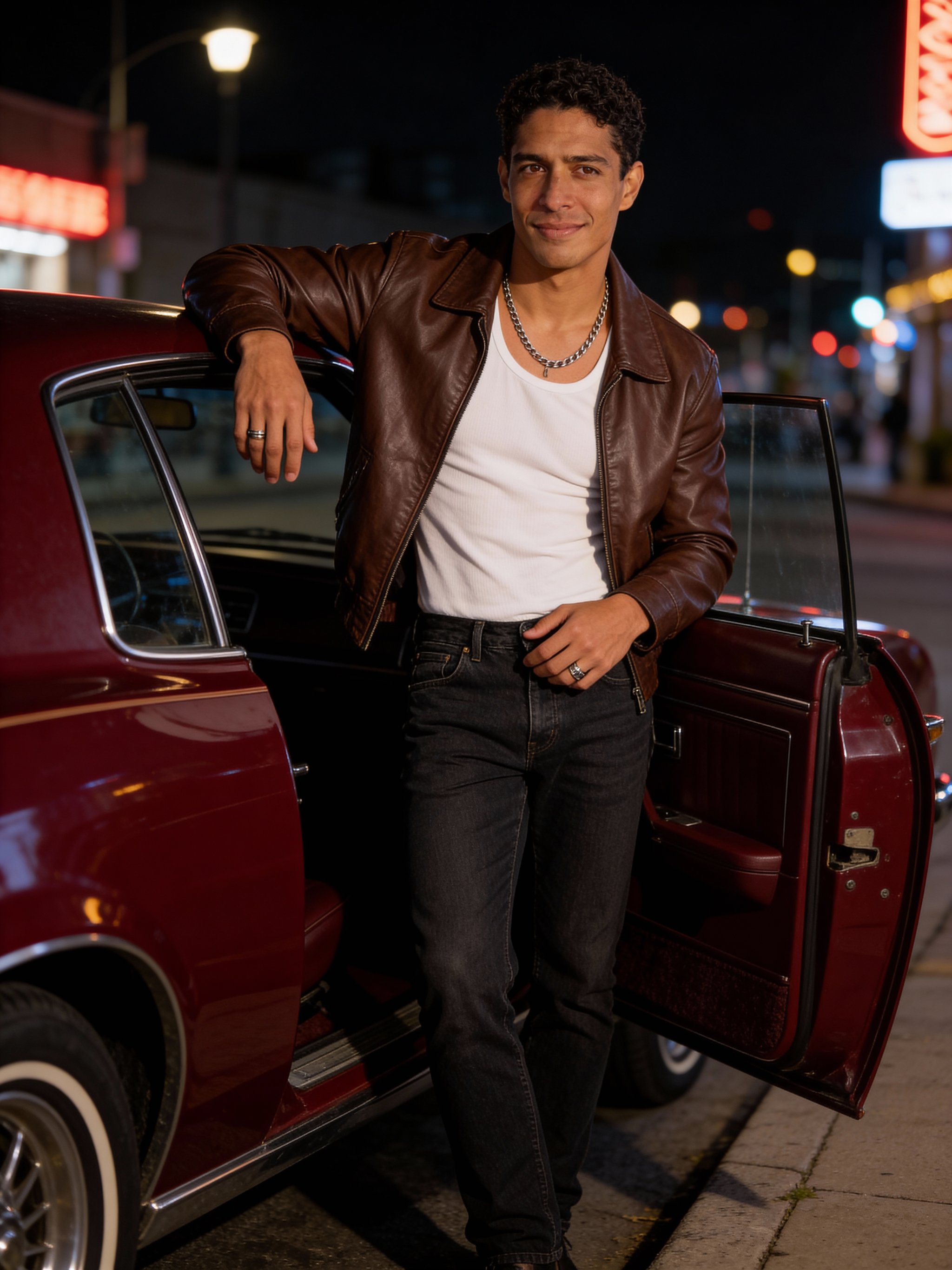 Cinematic night portrait by a red sports coupe