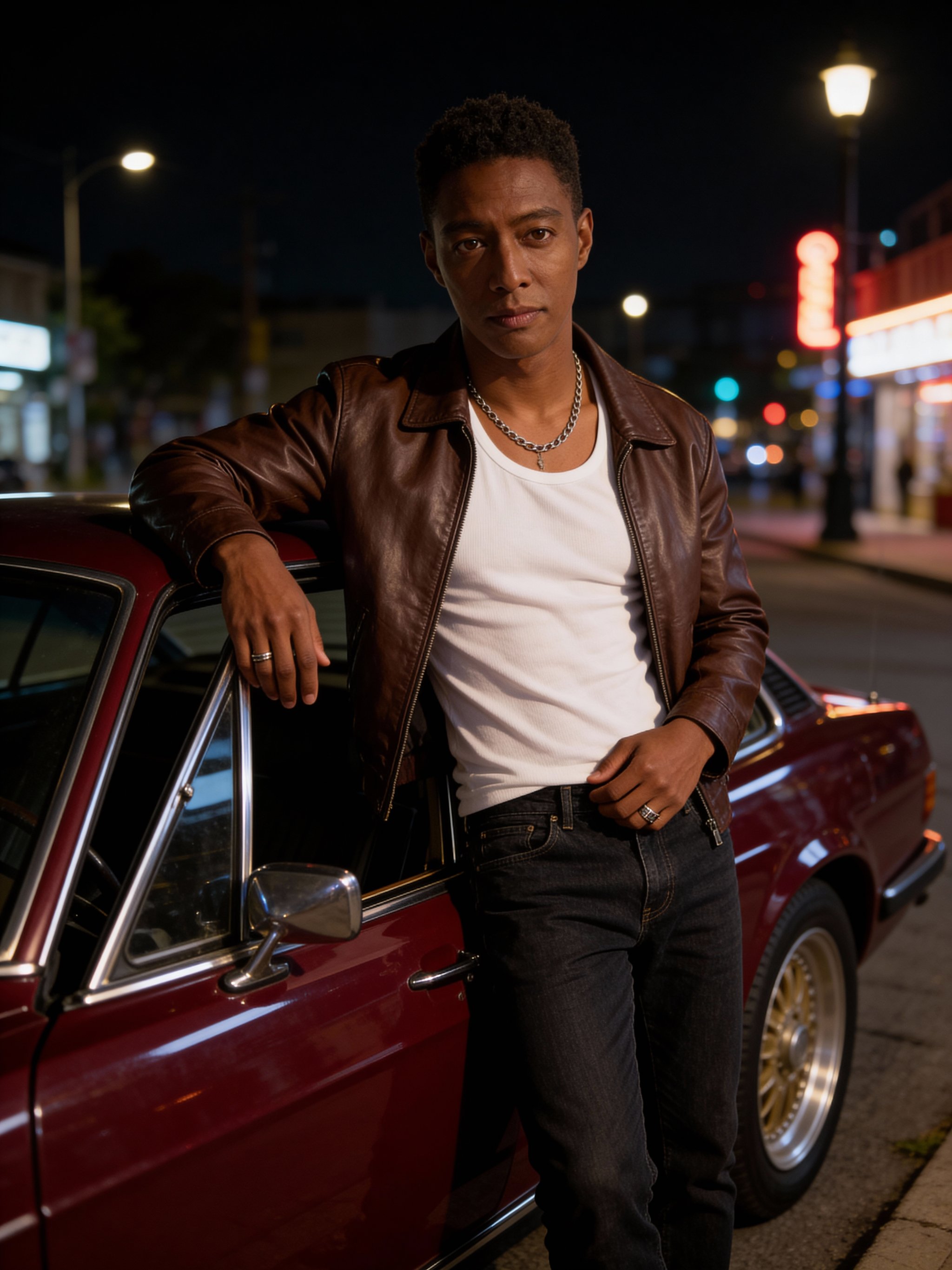 Urban editorial portrait with leather jacket styling