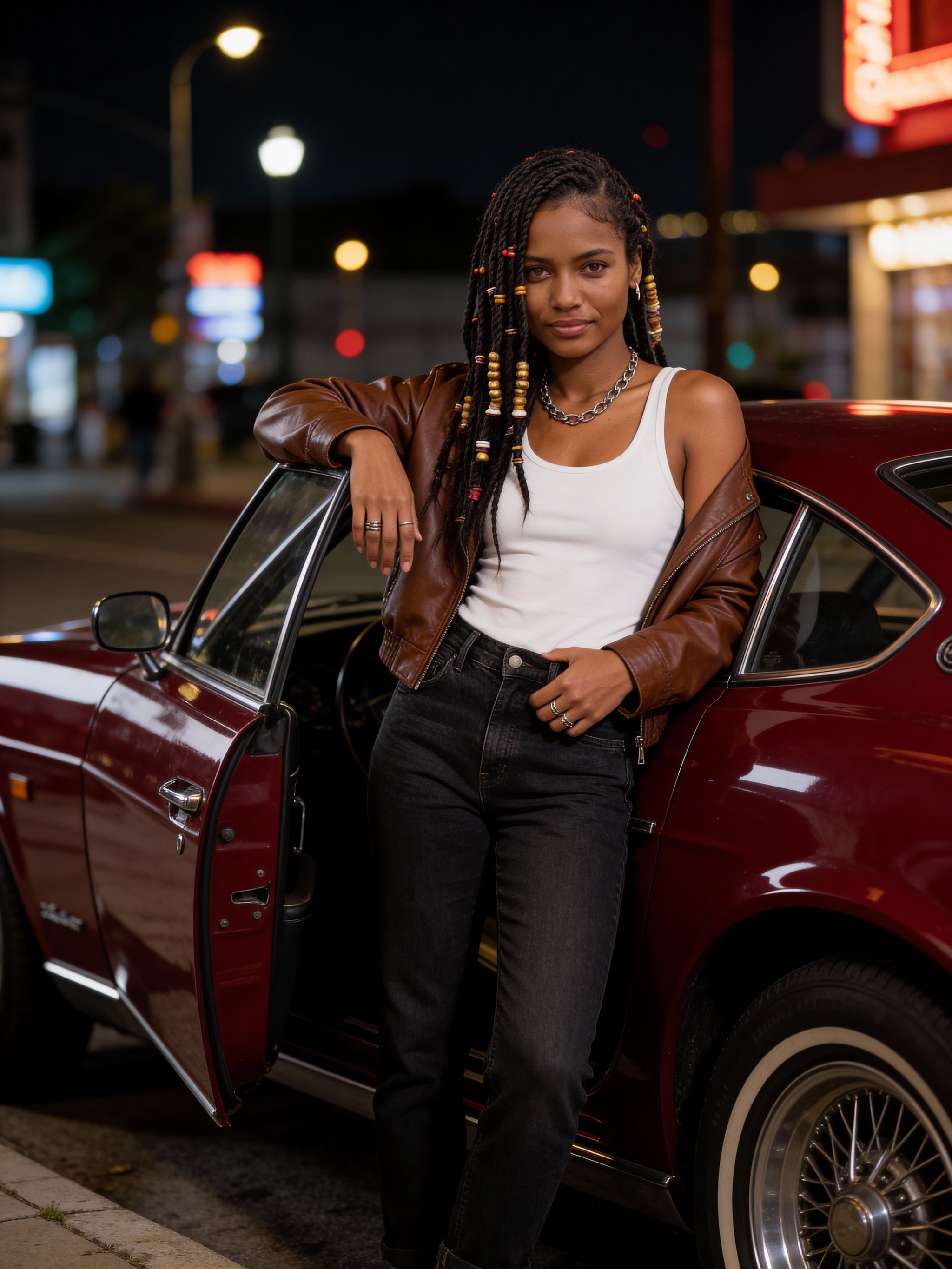 Cinematic night portrait with subtle film grain
