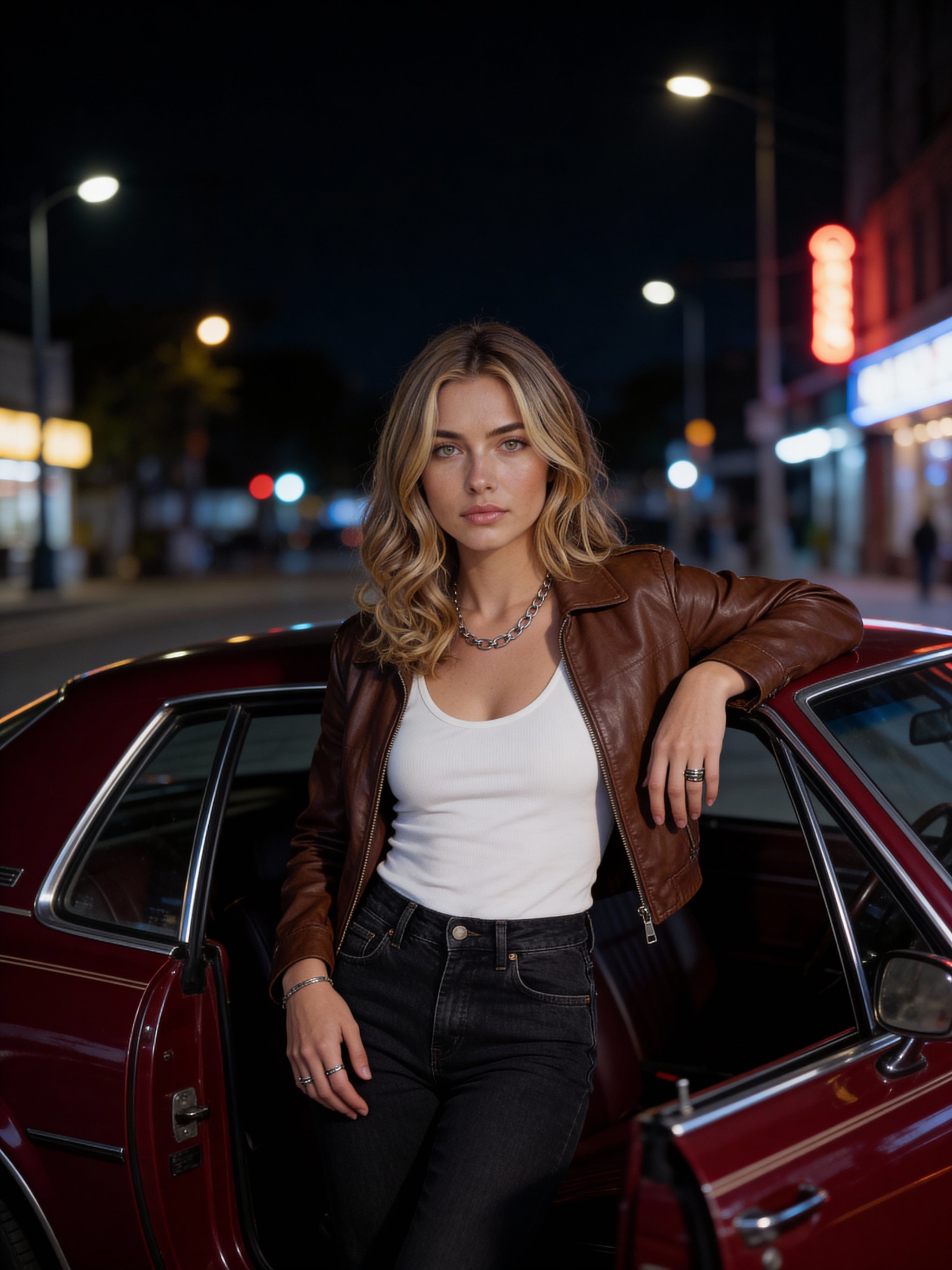 Moody portrait with red coupe backdrop and neon glow