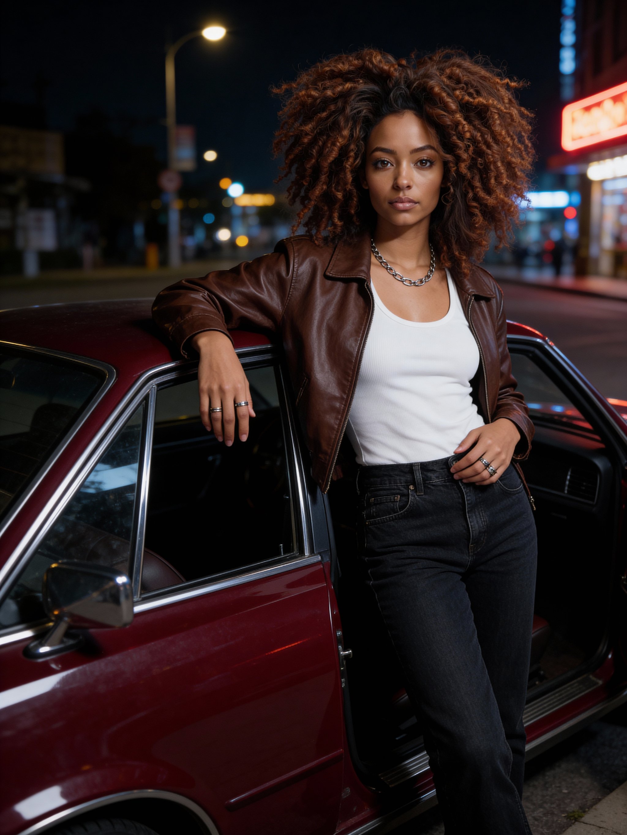 Fashion editorial portrait with night city ambiance
