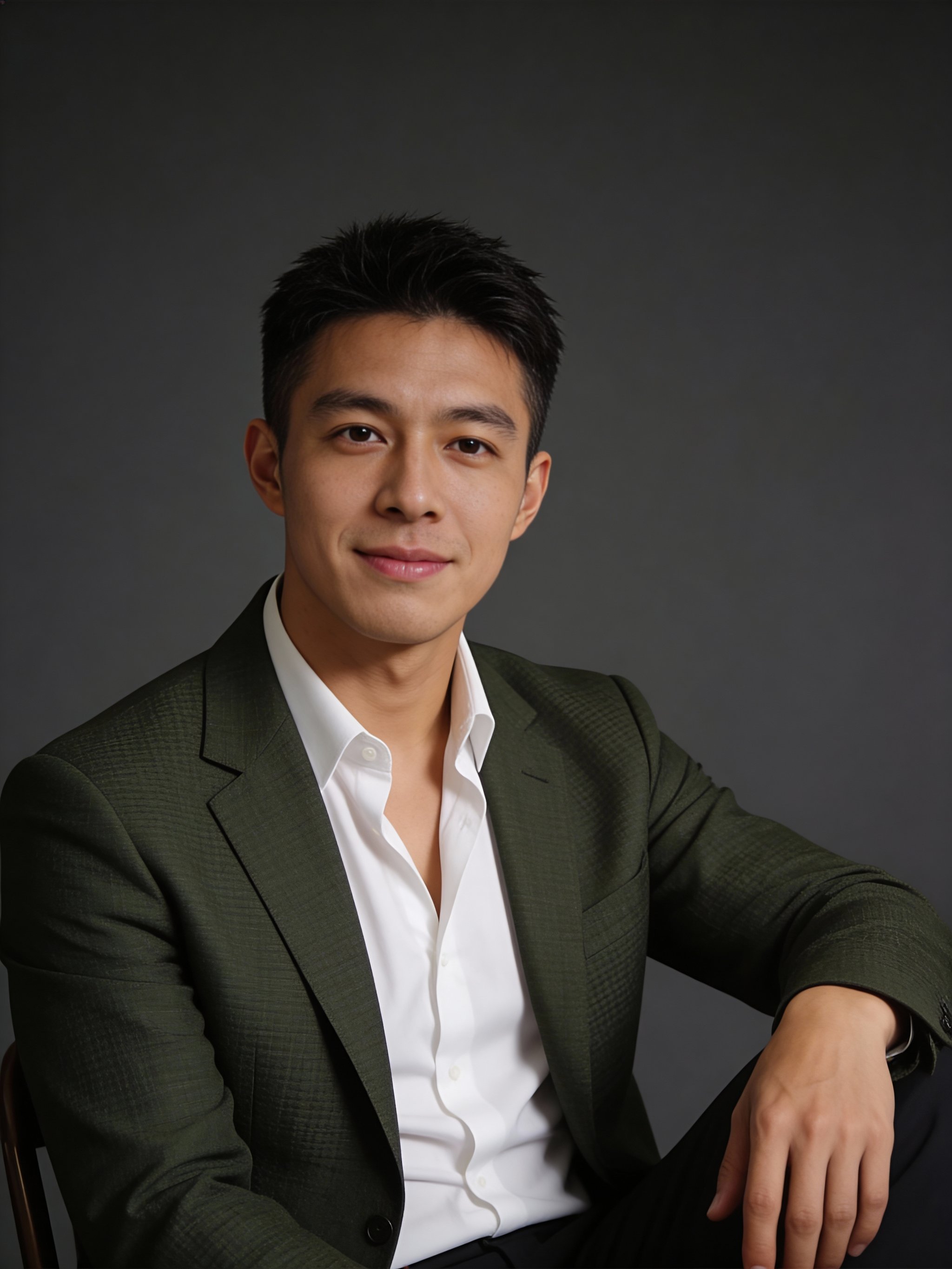 Seated studio portrait with tailored green blazer