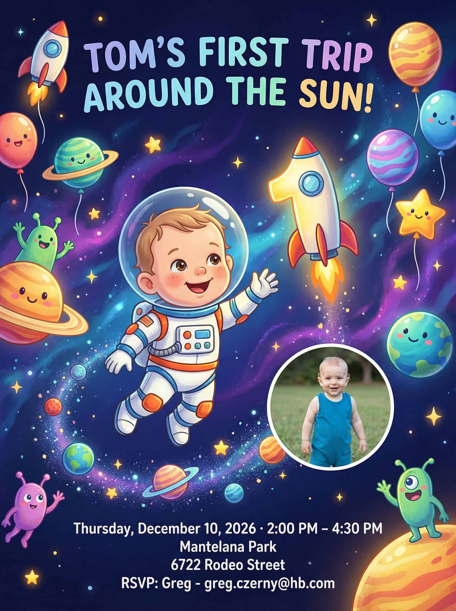 First Trip Around the Sun 1st birthday space invitation with baby photo