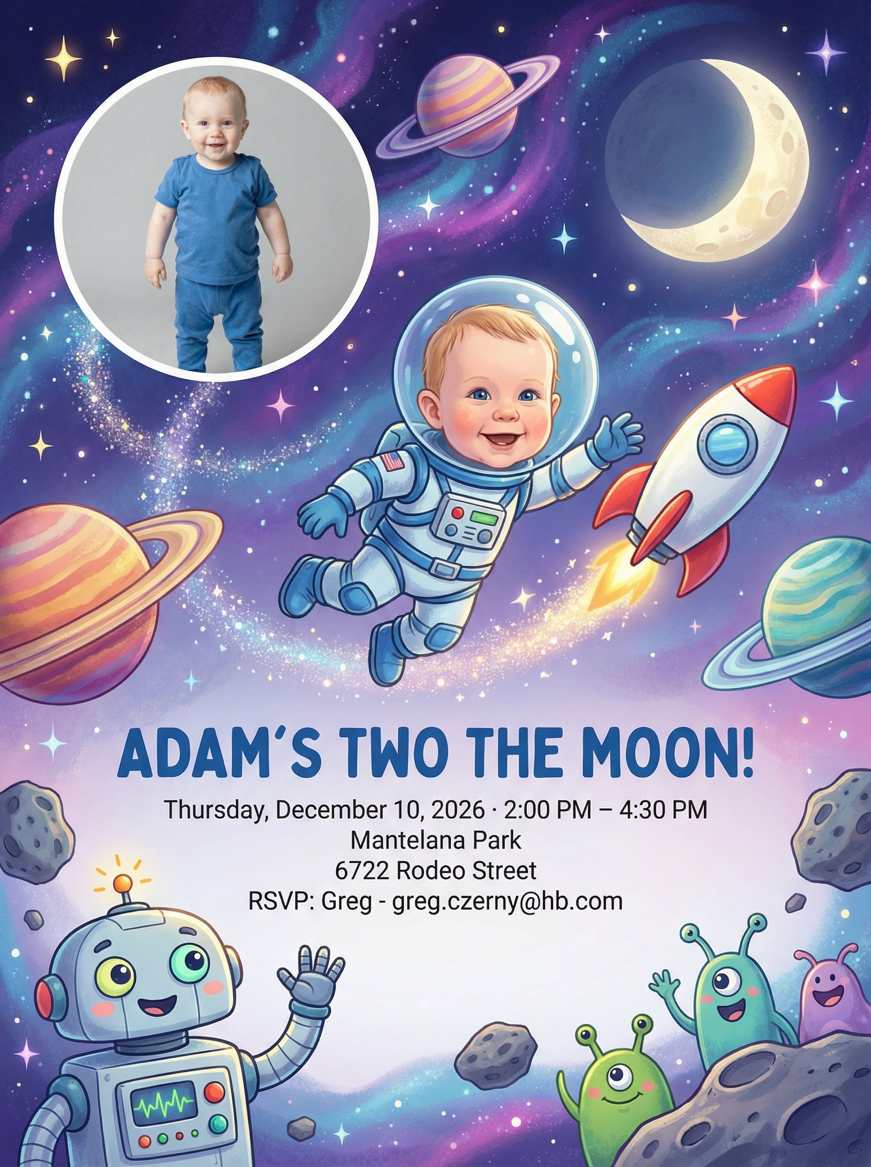 Two the Moon second birthday space invitation with stars
