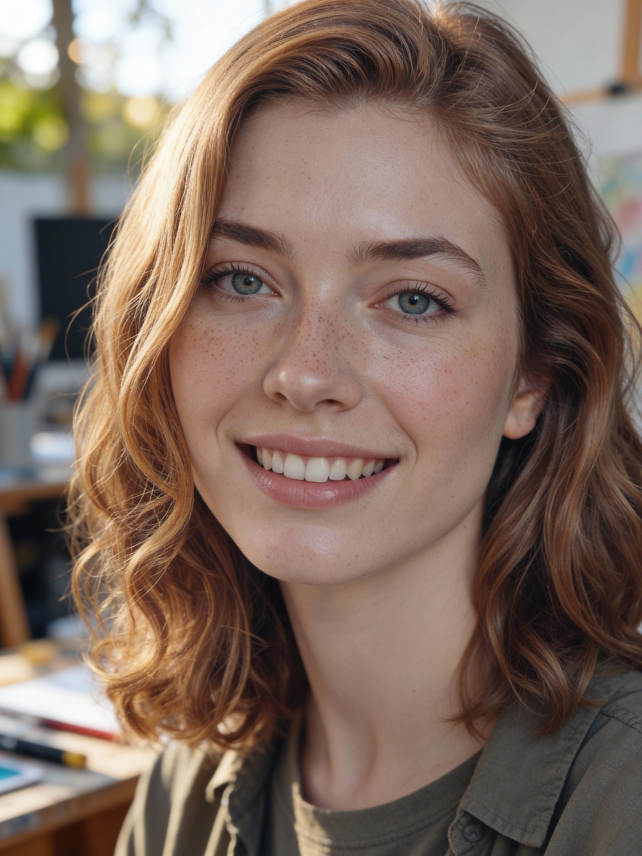 Tight headshot framing with warm light