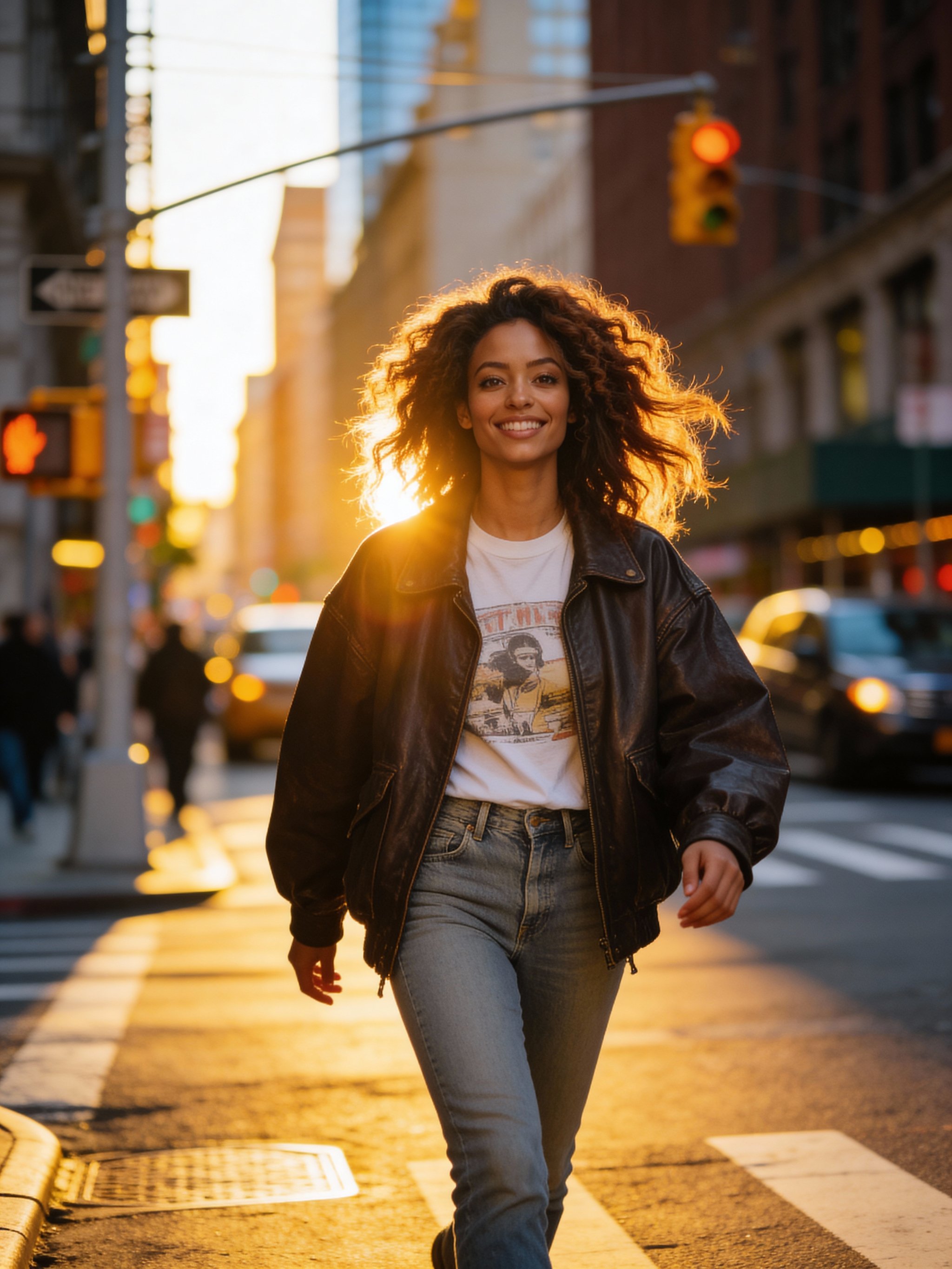 Street-style portrait with warm city glow