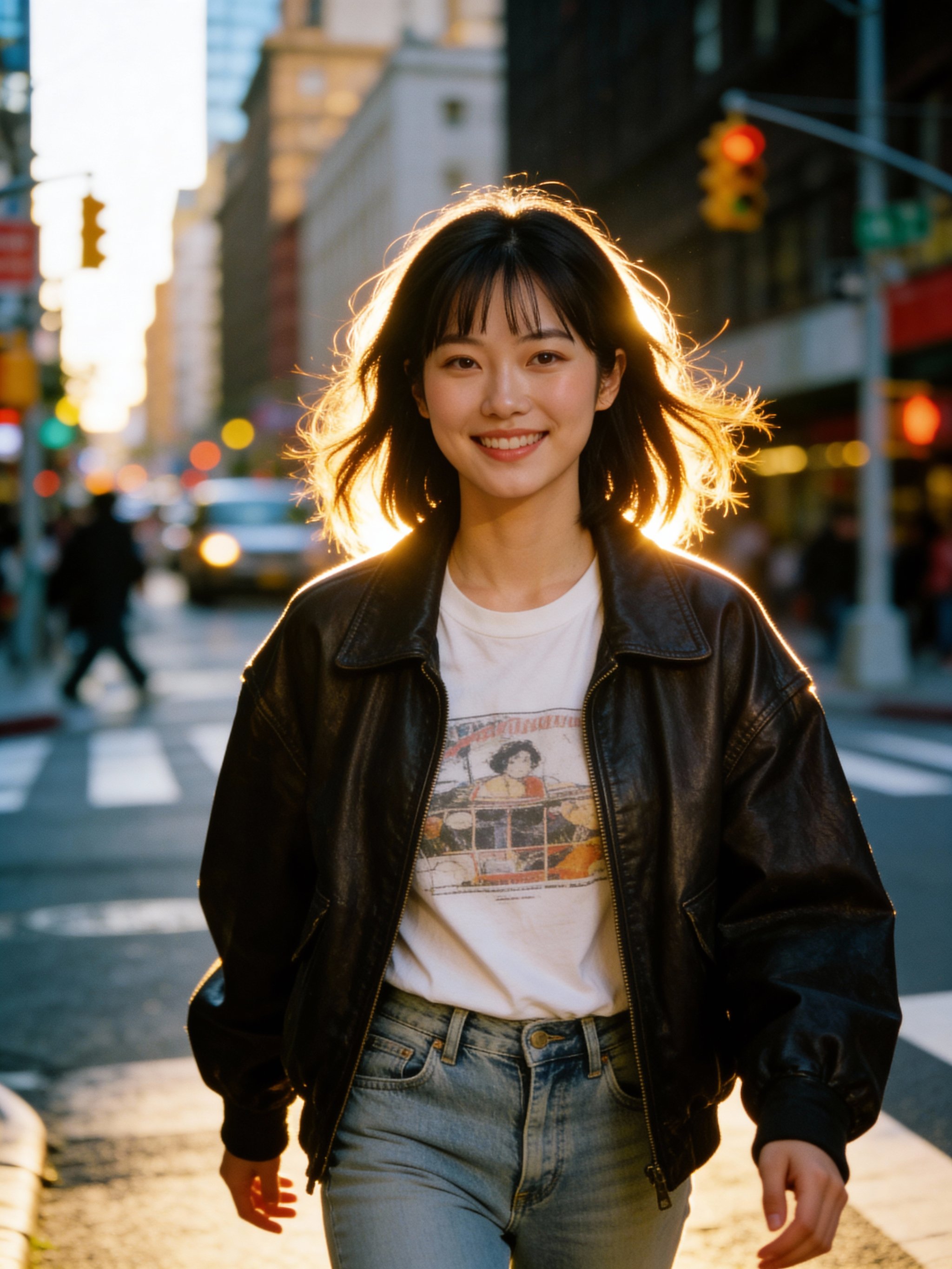 Golden-hour city portrait with soft bokeh lights