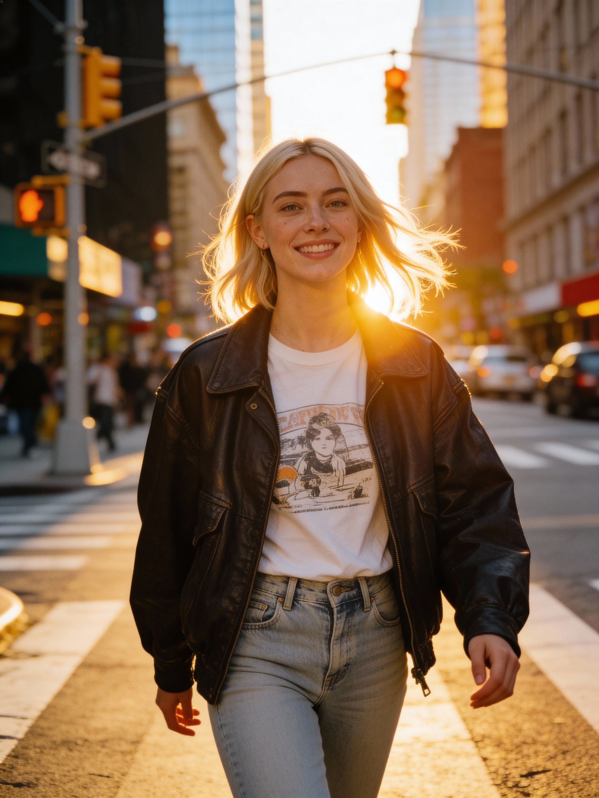 Example: golden-hour street portrait with city bokeh