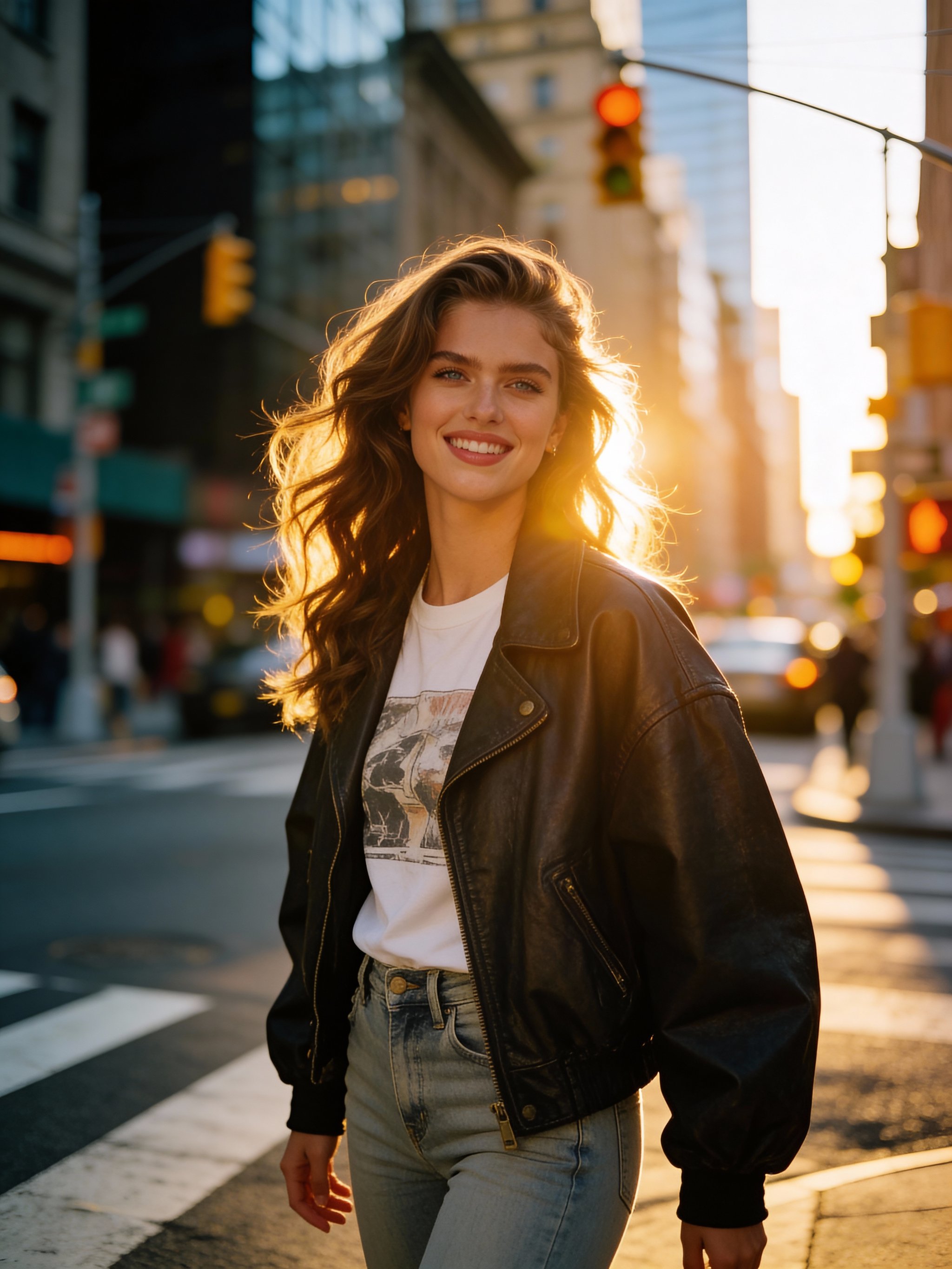 Urban portrait with blurred traffic lights