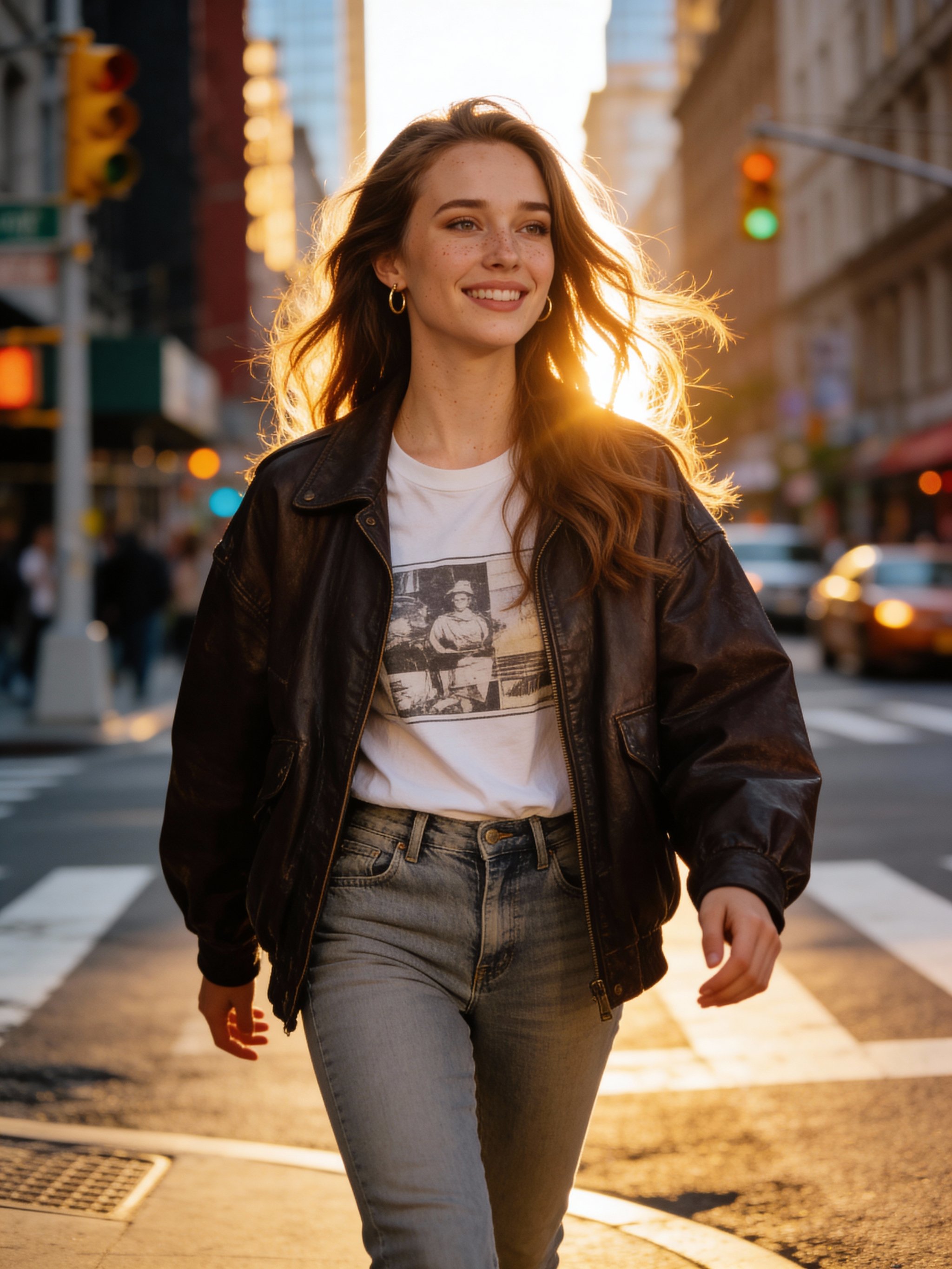 Warm evening city portrait with soft focus background