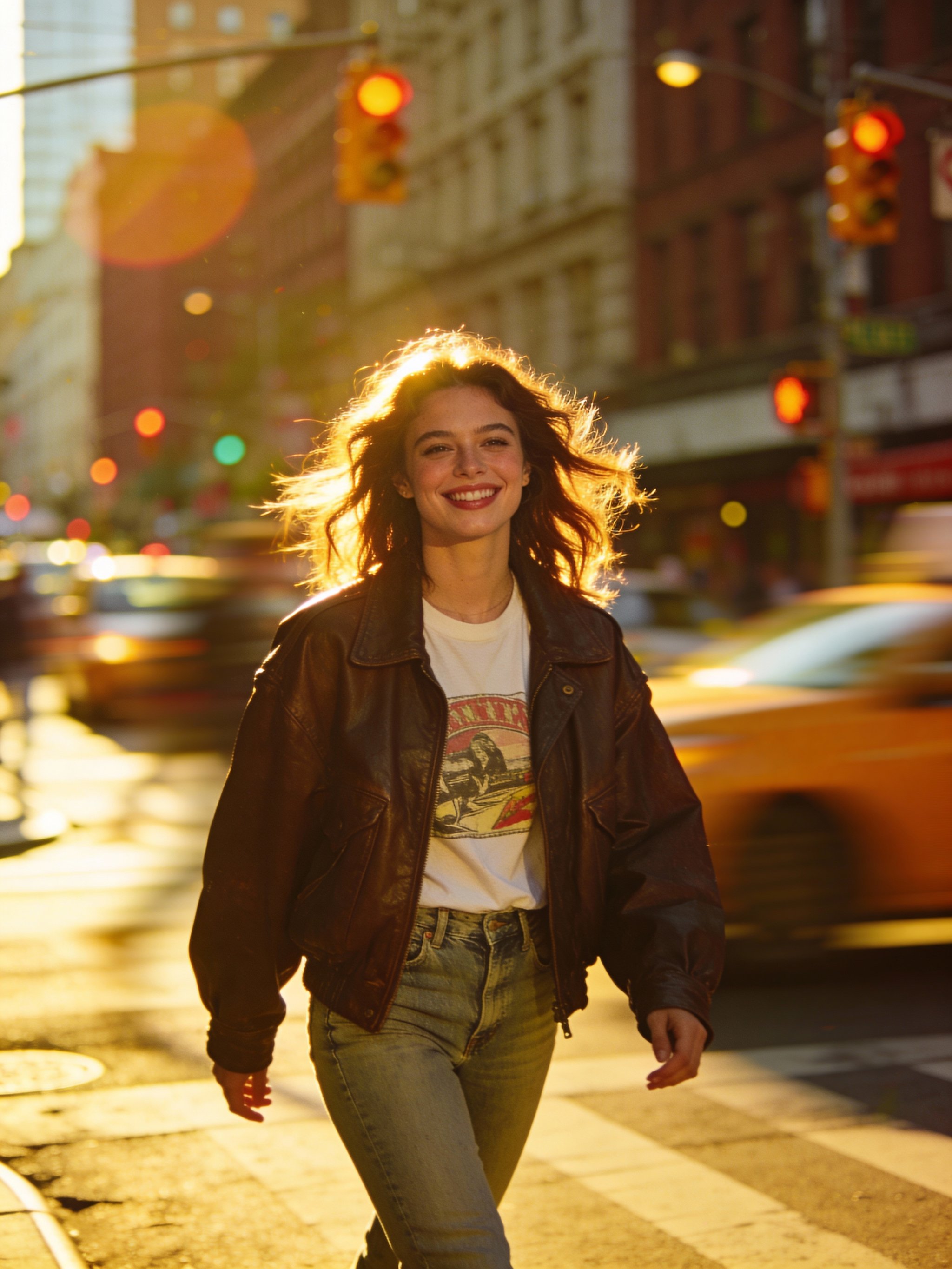 Golden bokeh city lights behind smiling subject