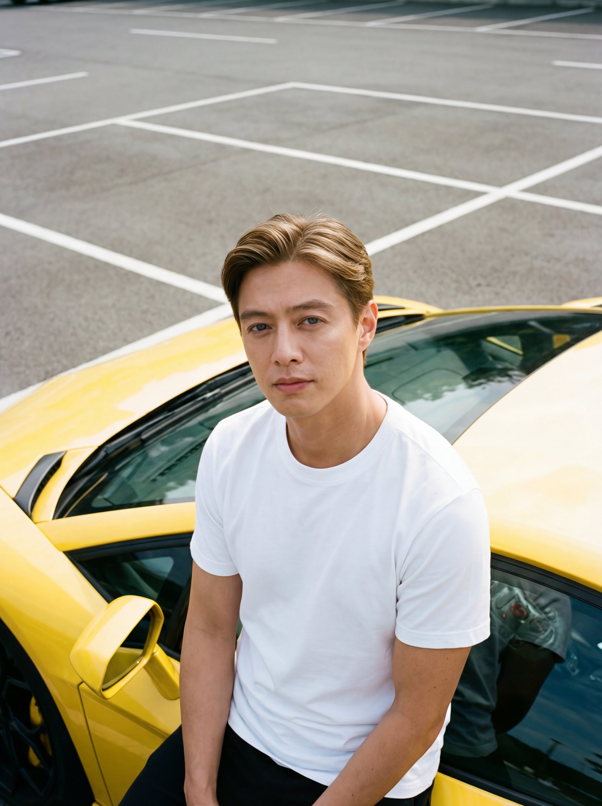 High-end lifestyle portrait with geometric parking lot background