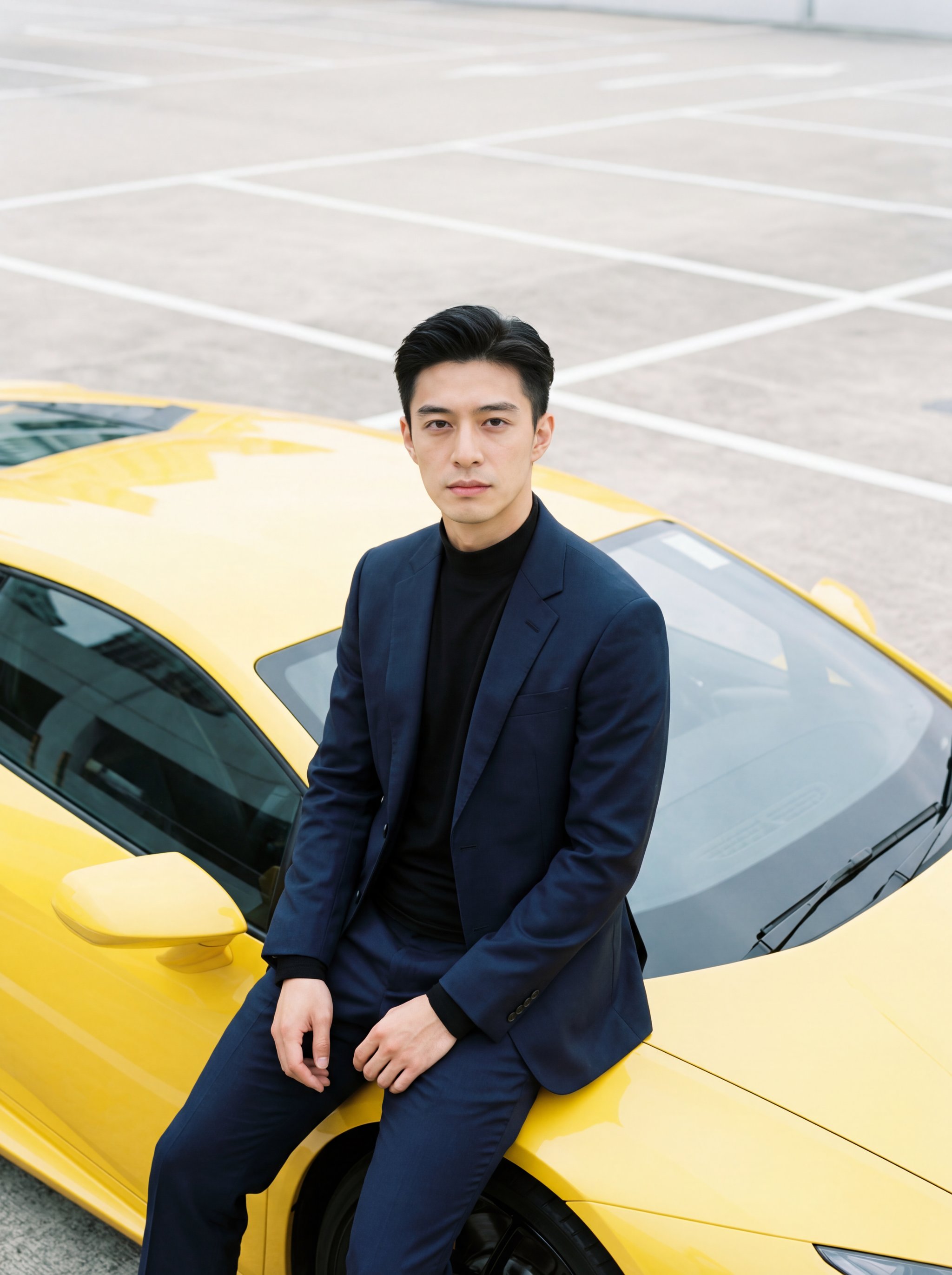 High-end lifestyle portrait with yellow supercar backdrop