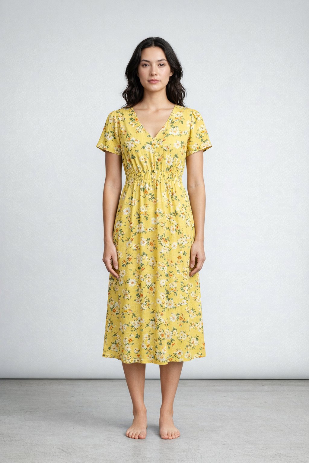 Model wearing the yellow floral dress generated with GPT-Image-1.5
