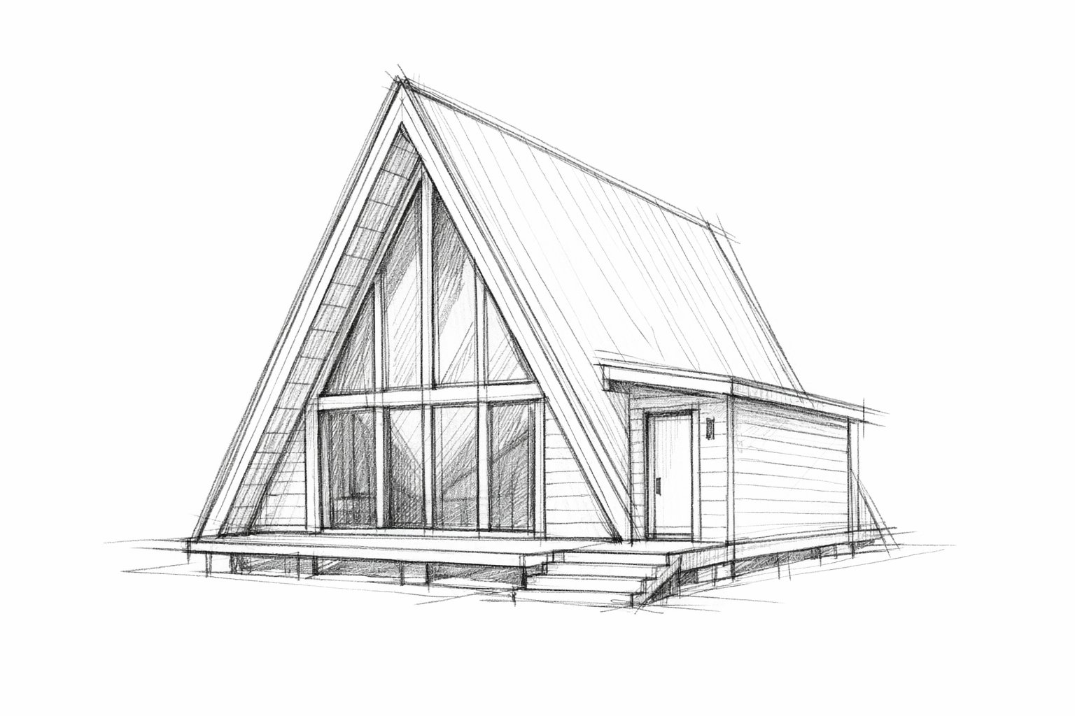 Architectural sketch of an A-frame cabin before rendering