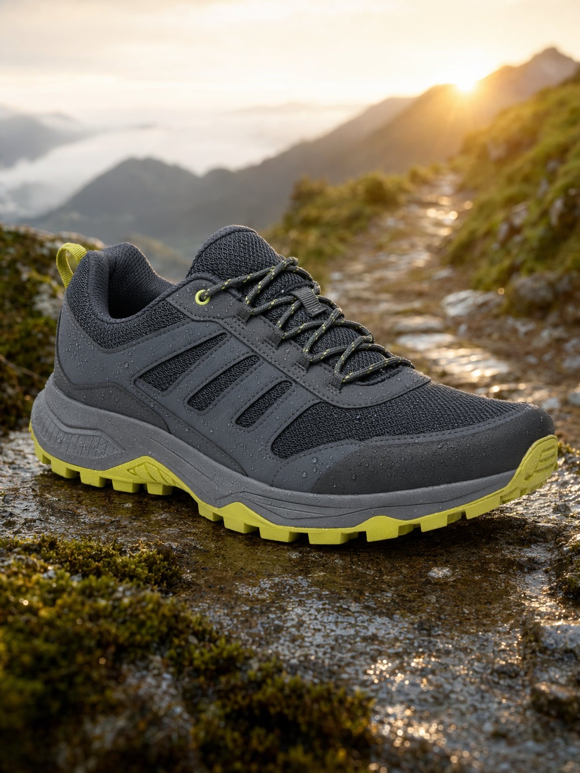 Zapatilla de trail running preservada en una escena de campaña de sendero de montaña generada con GPT Image 2