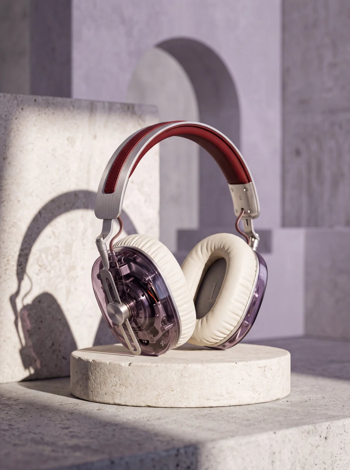 Translucent headphones on a limestone plinth, generated with Nano Banana 2