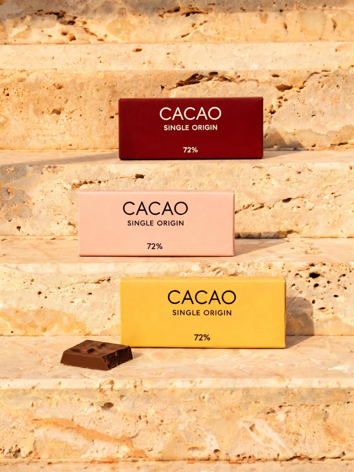 CACAO chocolate packaging on travertine steps, generated with Seedream 5.0 Lite