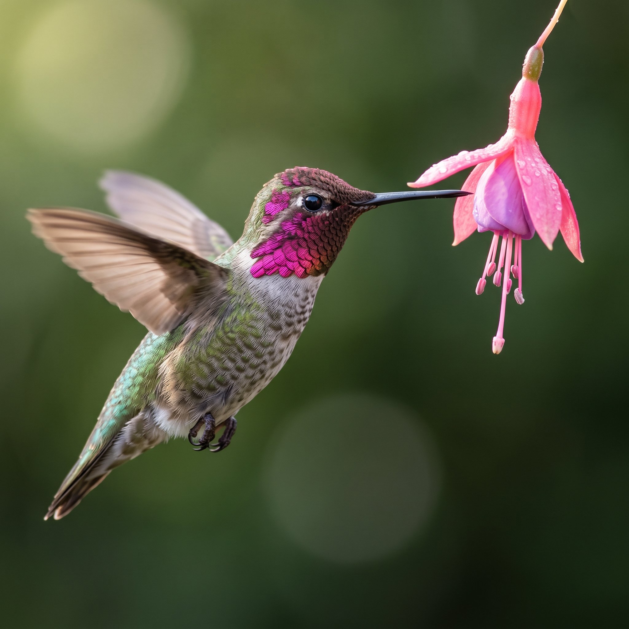 Fotografía macro de Nano Banana 2.1 de un colibrí de Anna macho con la garganta rosa magenta, junto a una flor de fucsia rosada