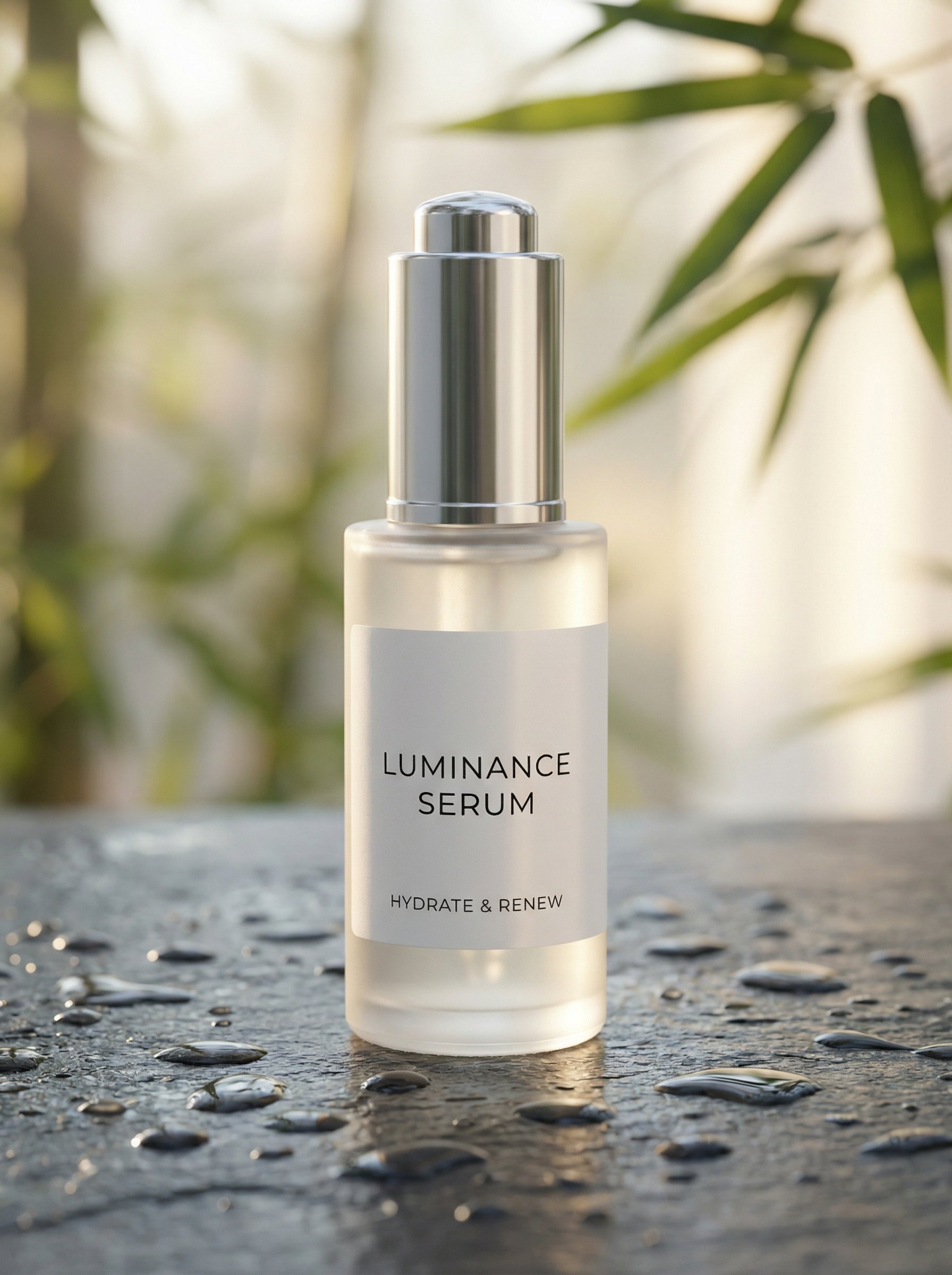 Frosted glass skincare serum bottle on wet slate with spa lighting generated by Nano Banana 2