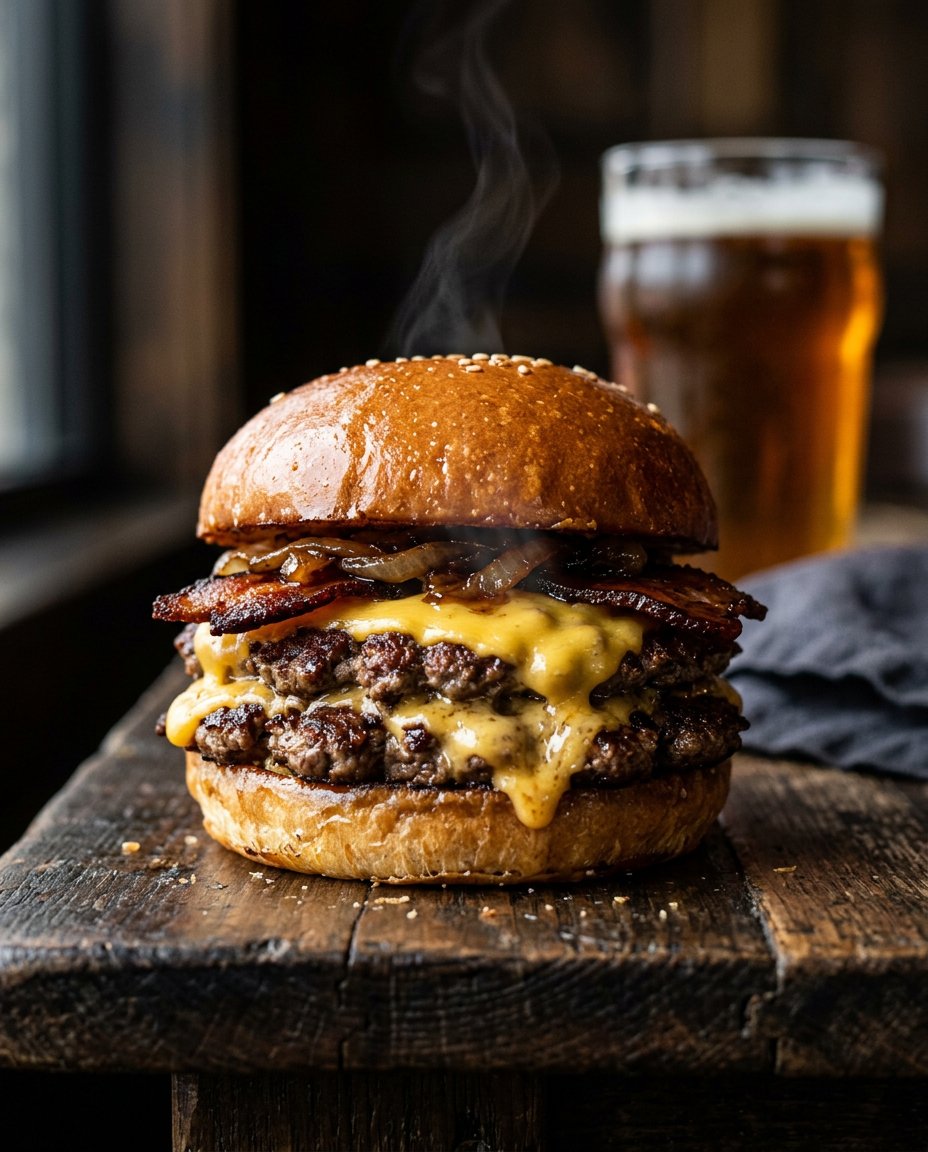 Gourmet smashburger with melted cheddar, bacon, and toasted brioche bun generated by Nano Banana 2