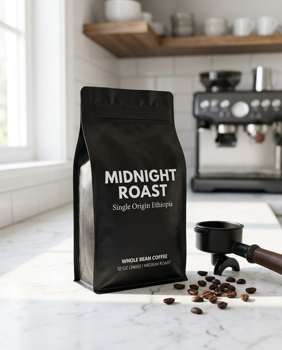 Matte black coffee pouch with readable brand text on a marble kitchen counter generated by Nano Banana 2