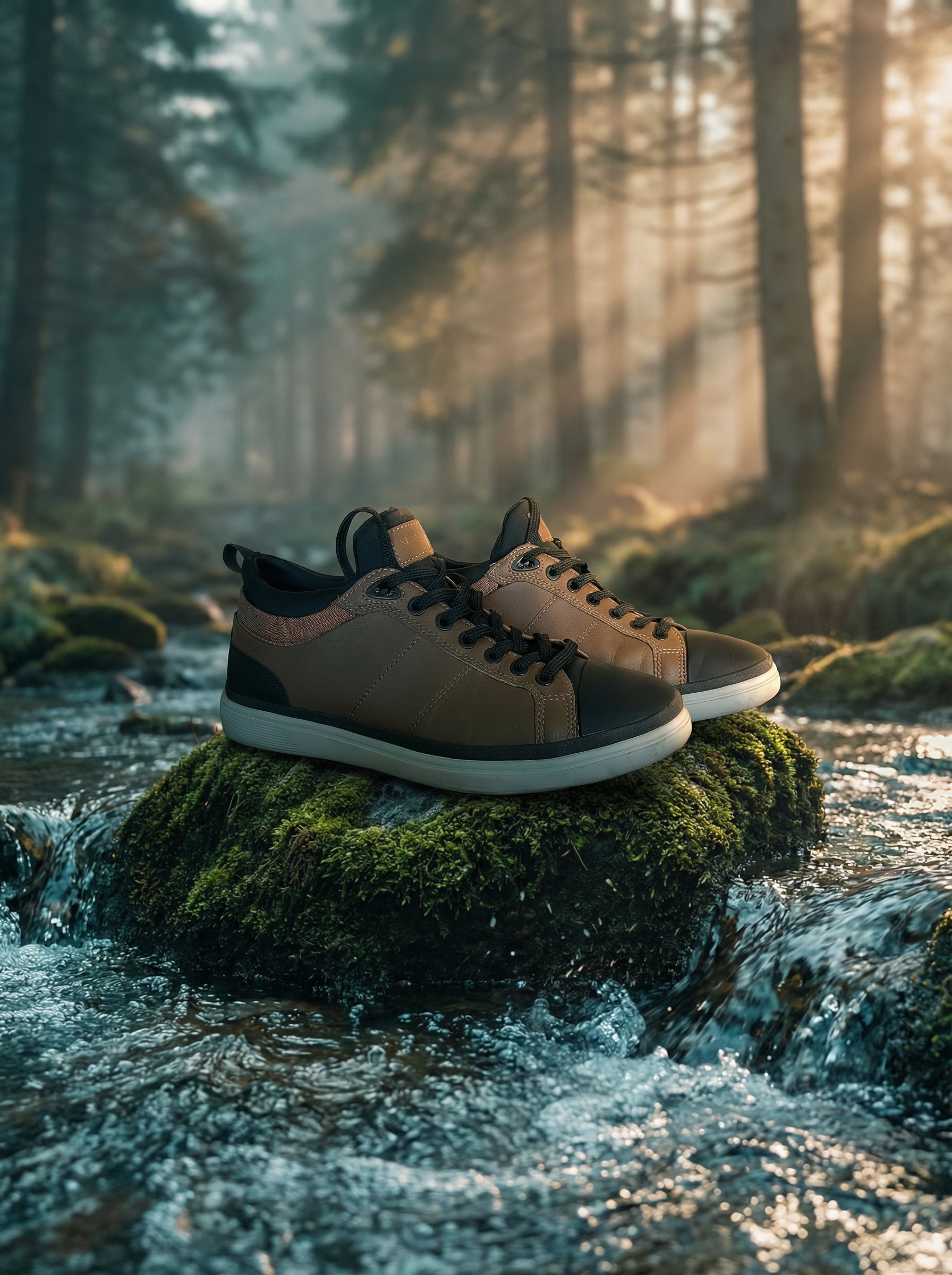 Hiking boot on a mossy rock in a mountain stream generated by Nano Banana 2