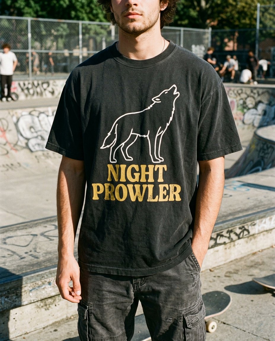 Oversized black t-shirt with a wolf graphic worn in a skatepark generated by Nano Banana 2