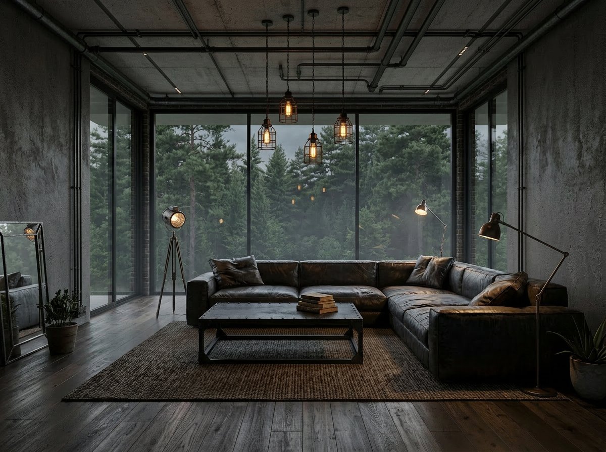 Industrial loft living room concept with a charcoal sectional generated by Nano Banana 2