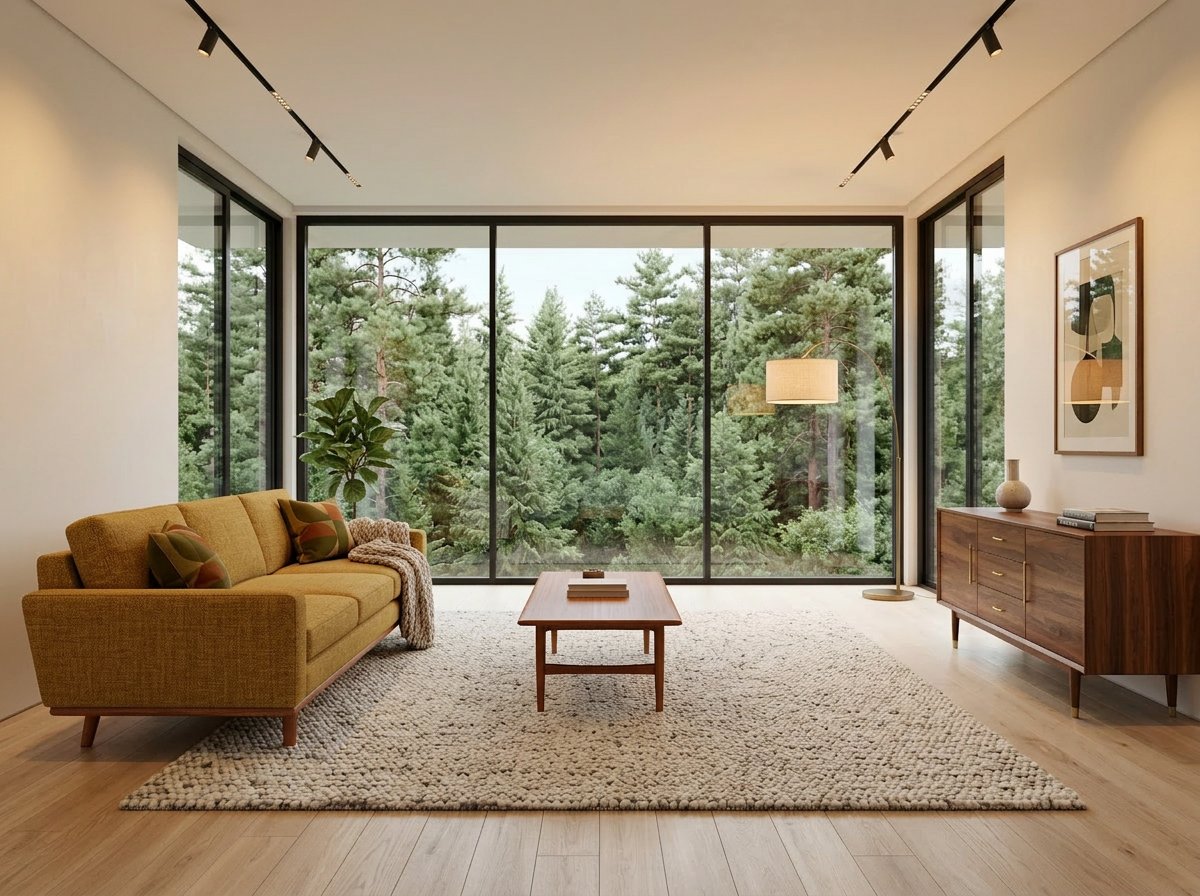Mid-century modern living room concept with a mustard sofa generated by Nano Banana 2