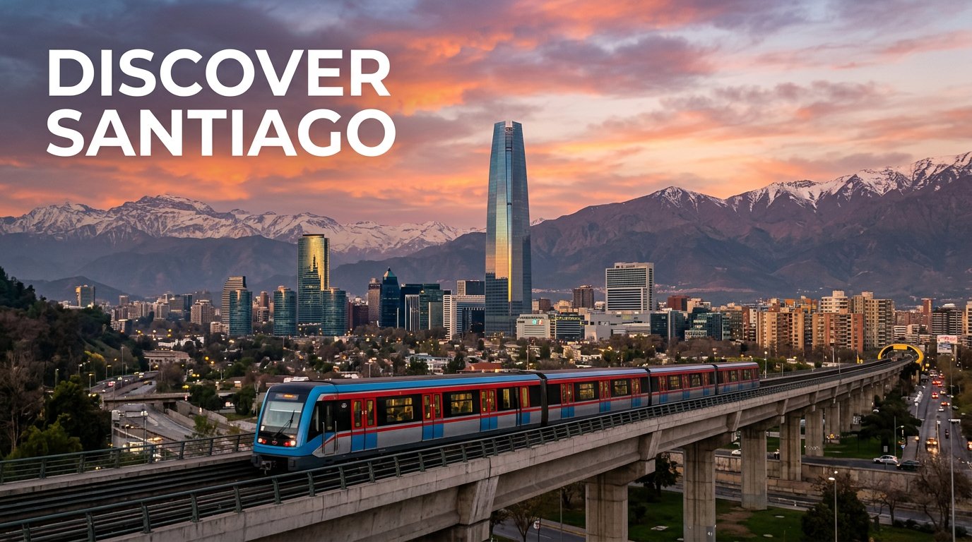 Travel advertisement for Santiago, Chile with an accurate skyline and Andes backdrop generated by Nano Banana 2