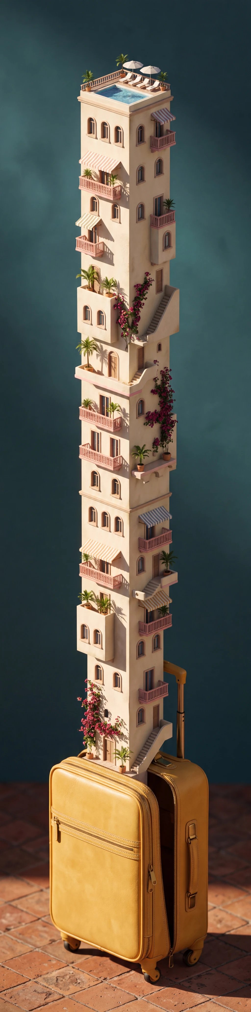Hotel mediterráneo en miniatura creado con Nano Banana 2.1, creciendo desde una maleta de cuero amarilla