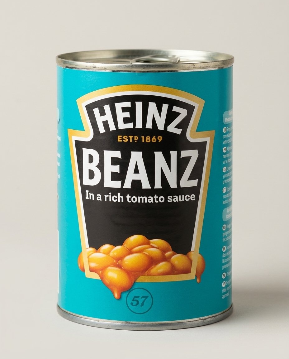 Primera edición de estudio en 1K y pensamiento Medio con Nano Banana 2.1 de la lata Heinz real, sobre un fondo gris claro
