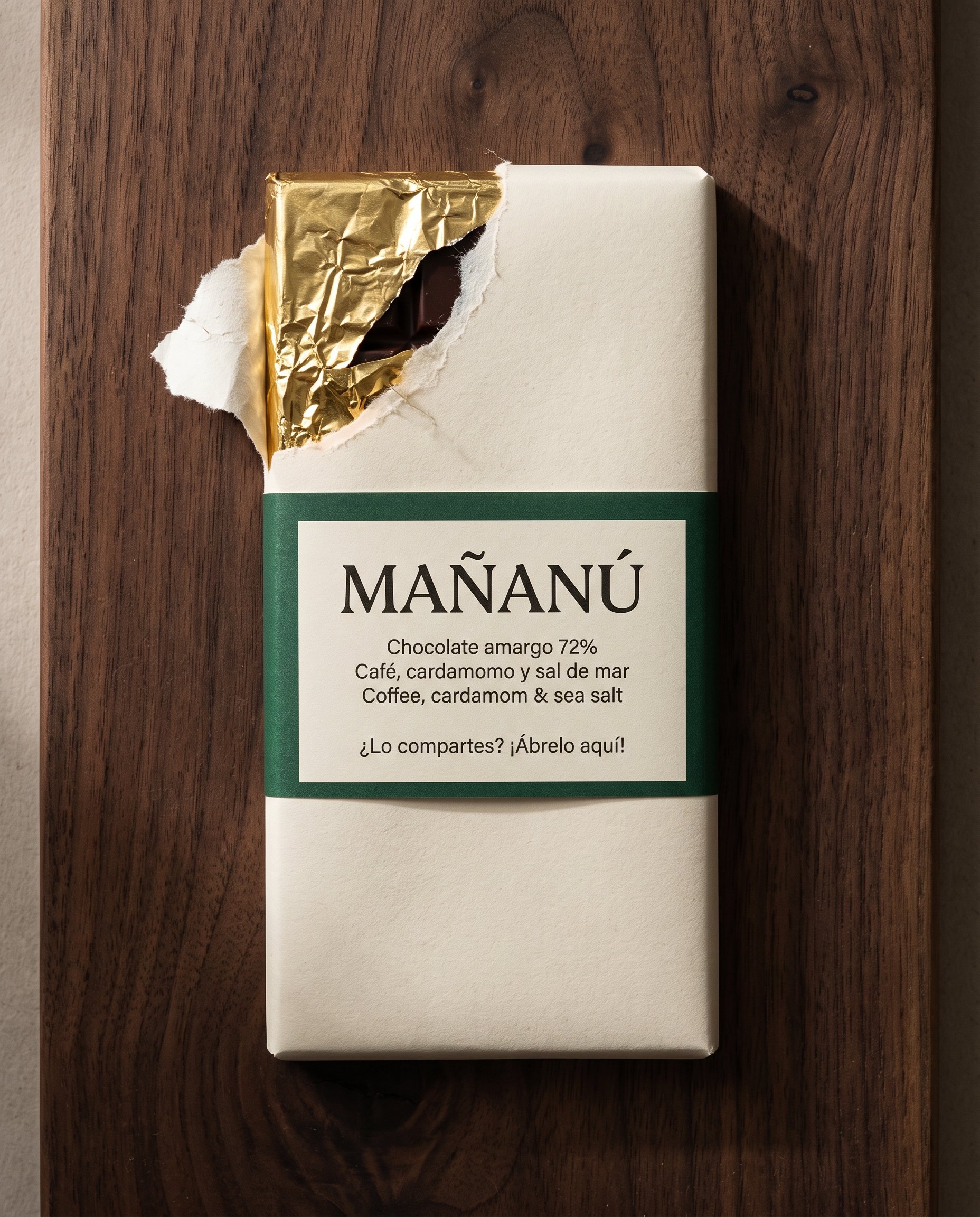 Envoltorio de chocolate MAÑANÚ creado con Nano Banana 2.1, con cinco líneas bilingües, tildes y papel rasgado que deja ver una lámina dorada