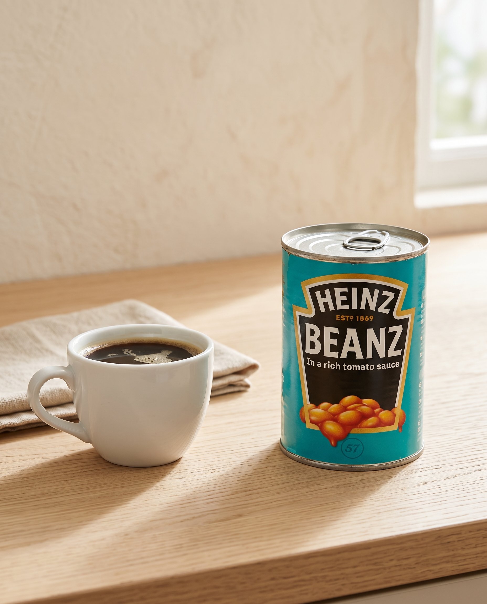 Escena de cocina generada a partir de una foto real de una lata Heinz, con una taza de café a la izquierda